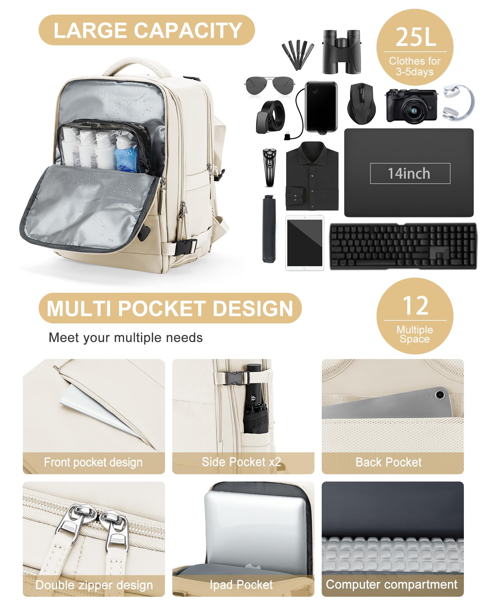 BJLFS Borse da Cabina per Ryanair 40x20x25 Bagaglio a Mano Zaino Borsa Zaino da Viaggio, Zaino da trekking,Zaino Easyjet 45x36x20,Zaino Casual per laptop da 14 pollici per scuola