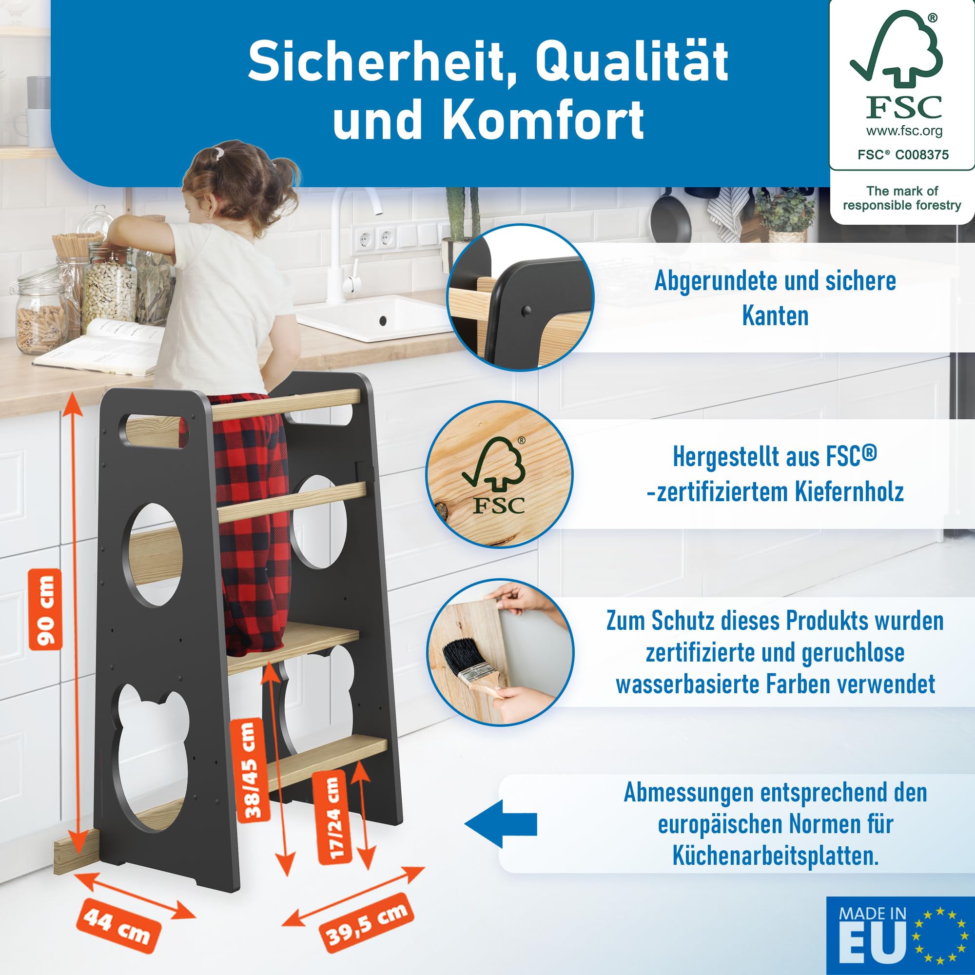 Lernturm für Kinder - Stylisch Mit Kippschutz und Höhenverstellbar - Montessori Küchenhelfer und Learning Tower | Ab 1 Jahr | Little Helper