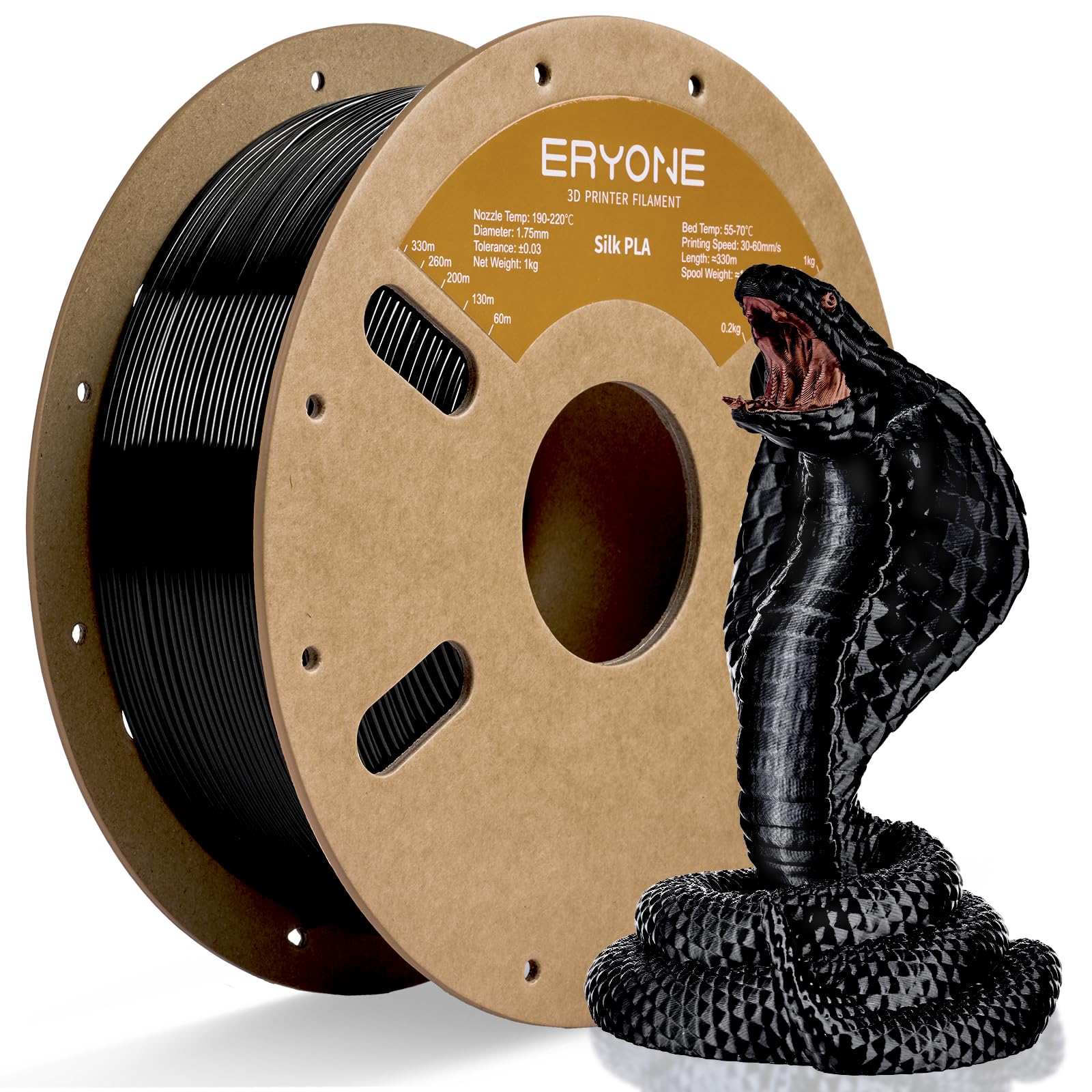 ERYONE Silk PLA Filament for 3D Printer 1.75mm +/- 0.03mm, Shiny Filament 1kg (2.1lbs)/Spool, Black