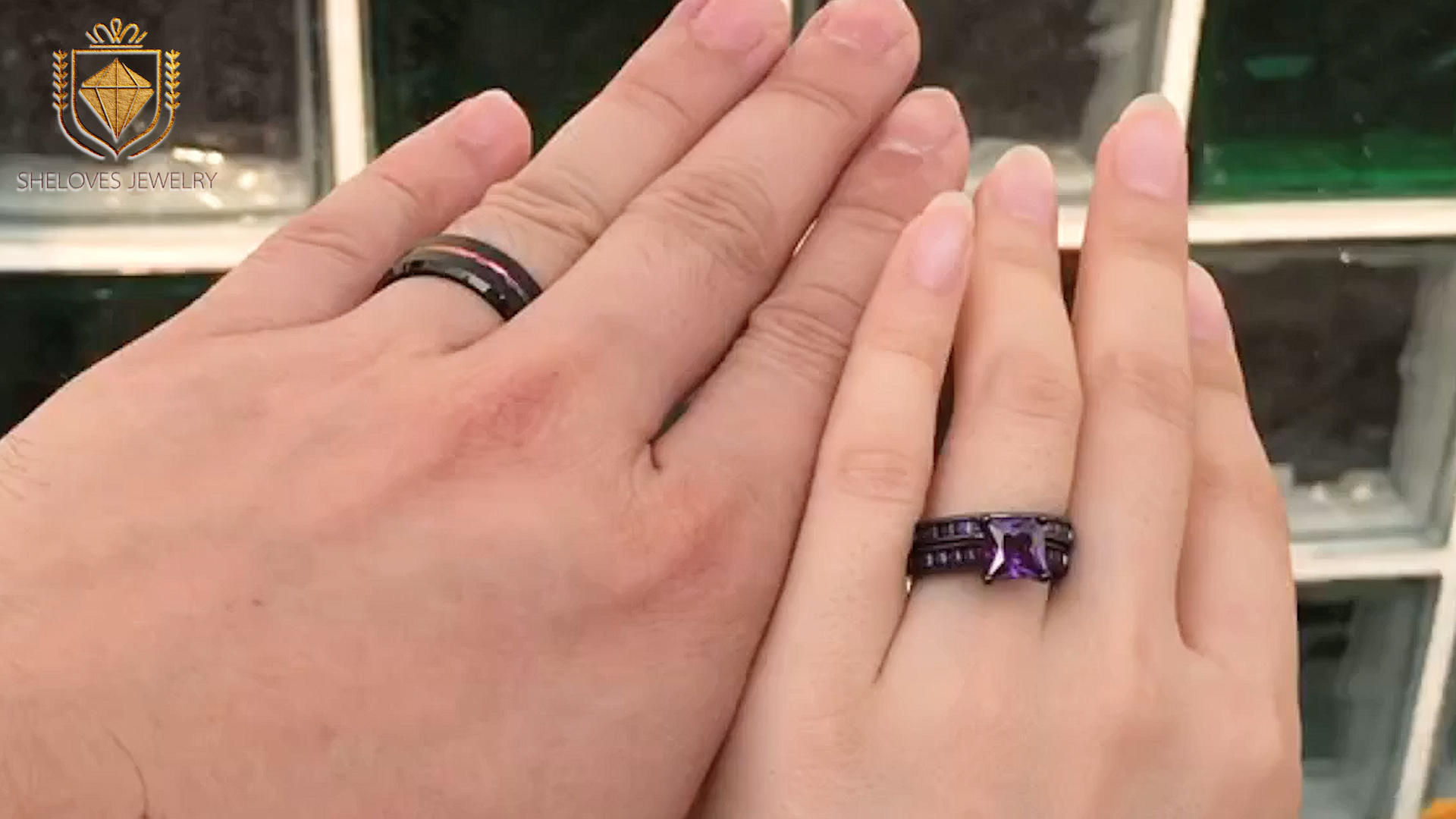 Ringheart His & Hers Couple Rings - Black Plated Heart CZ Women's Ring & Titanium Steel Men's Band - View #8