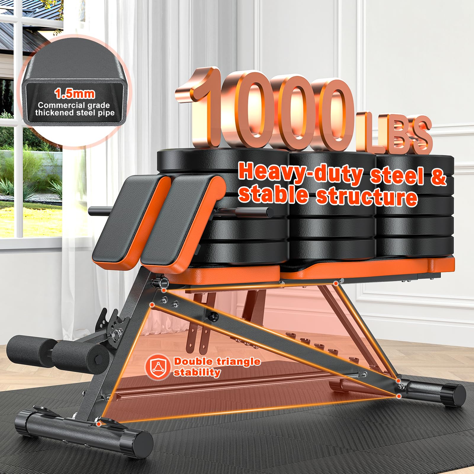 Roman Chair, Adjustable Weight Bench Back Extension Machine for Home Gym, 1000LBS All-in-One Sit Up Bench with Dumbbell Rack, Incline, Decline, and Flat Bench for Hyperextension, Core, Glute