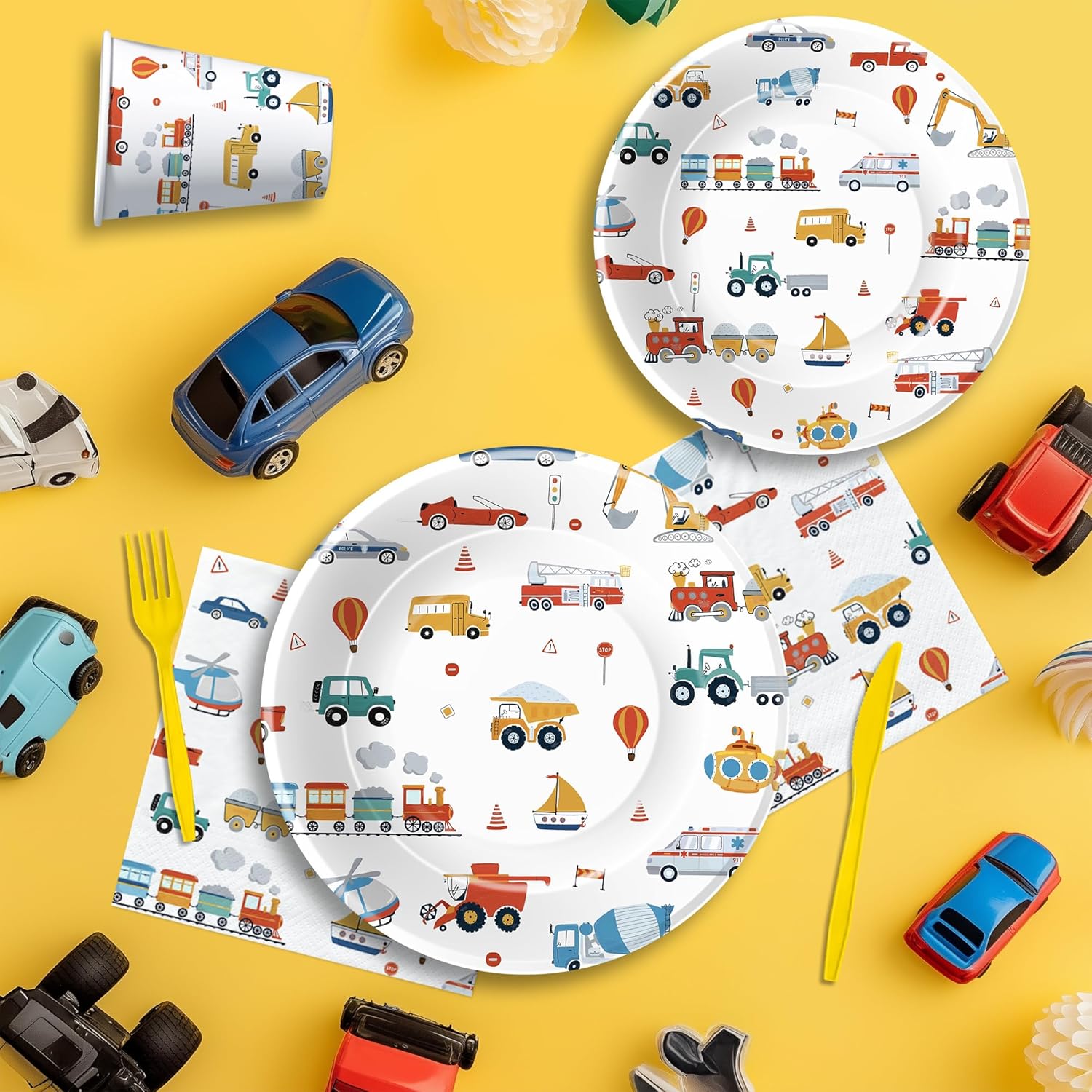 Transportation Birthday Decorations, Traffic Transportation Party Supplies Tableware, Plate, Napkin, Cup, Cutlery, Tablecloth, Banner, Truck Car Construction Vehicle Party Decorations, Serve 24 - Image 7