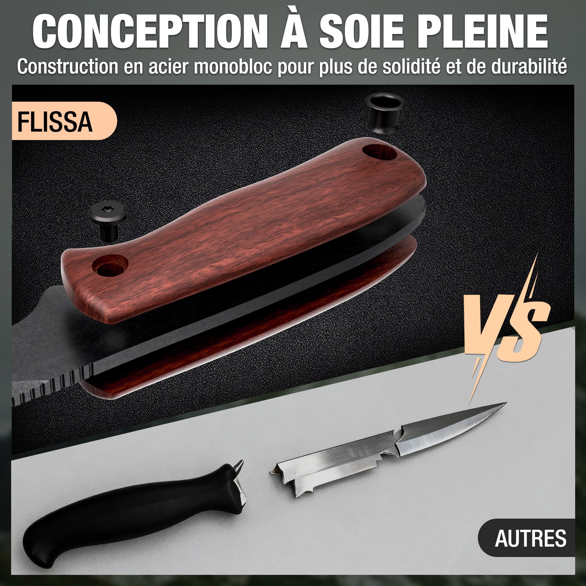 FLISSA Couteau à Lame Fixe 14C28N, Couteau Pleine Soie (Full-Tang) avec Manche en Bois d’Ébène et Étui, Idéal pour Camping, Randonnée, Alpinisme, Voyage