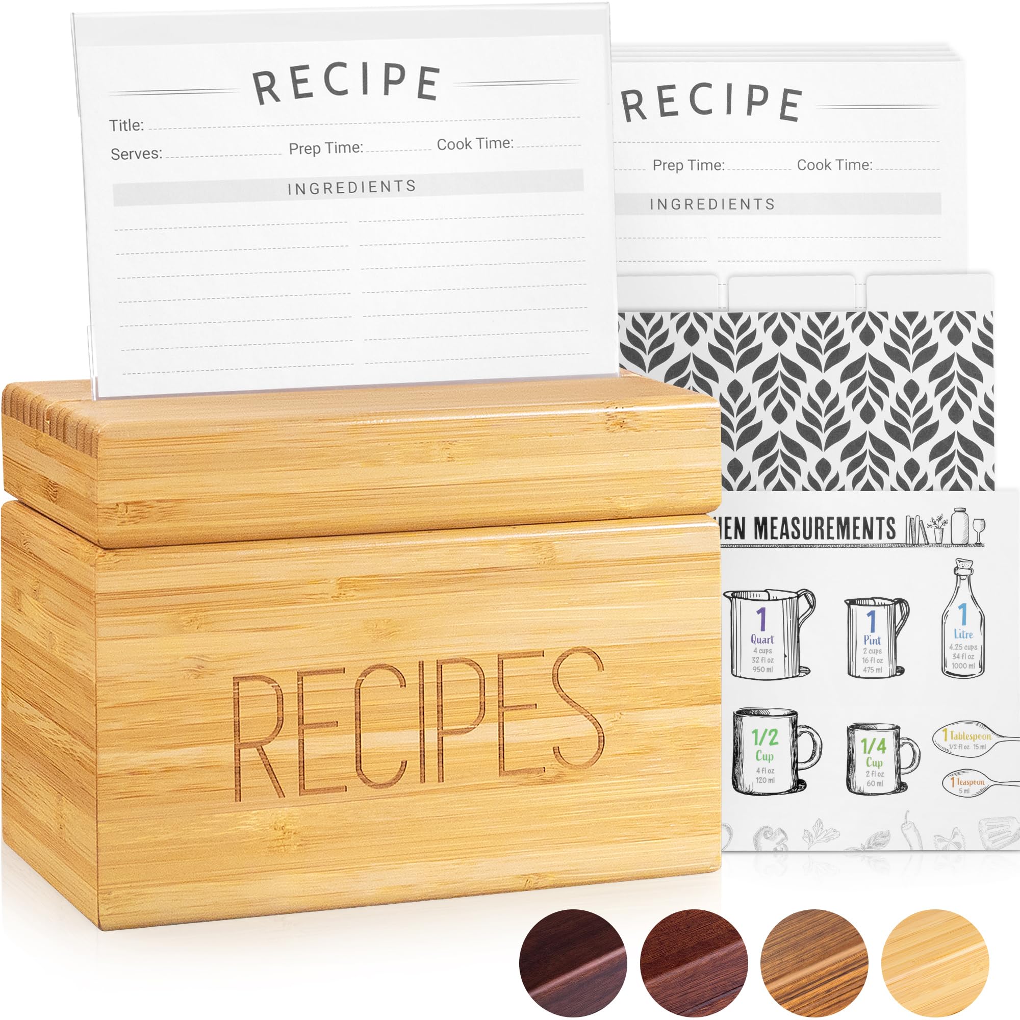 Apace Living Recipe Box with 50 Recipe Cards and Dividers - Vintage Style Sapele Wood 4x6 Recipe Holder