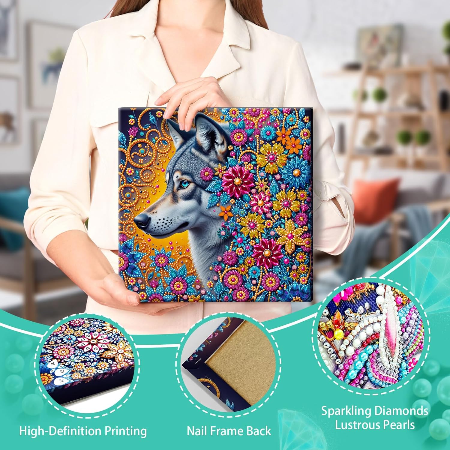 POETRYDRAW Pearl Diamond Art Painting Kit with Frame 11.42 x 11.42 inch, DIY Pearl Beads Art Craft for Adults - Beginner Friendly Framed Canvas Wall Decor Gift Idea (Wolf Flower)