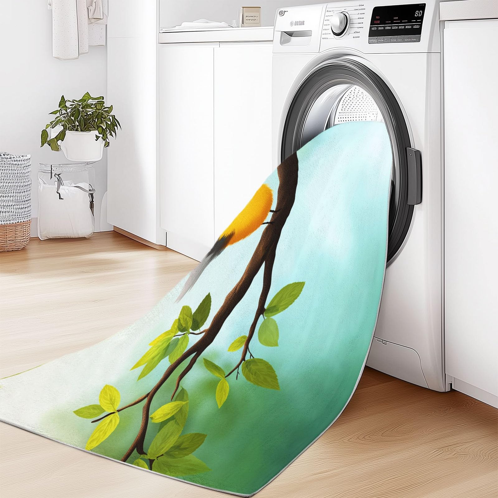 Tappeto a pelo corto lavabile 140 x 200 cm uccello del fumetto ramo di albero tappeto soggiorno, arte digitale morbida antiscivolo moquette per ingresso interno camera da letto cucina camera da letto