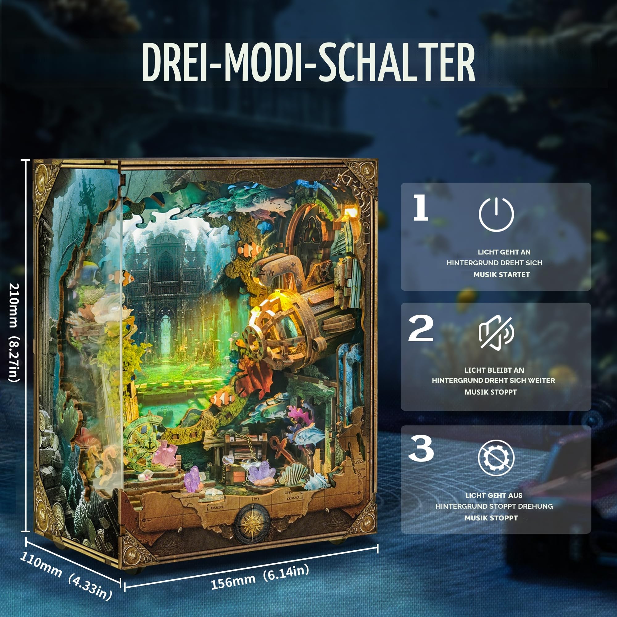 DIY Book Nooks – Tiefsee-U-Boot-Abenteuer-Miniaturhaus-Kit | Rotierender Hintergrund, LED-Lichter, Touch-Steuerung, Selbstmontage, Bastelmodellbausätze zum Verschenken & Dekorieren