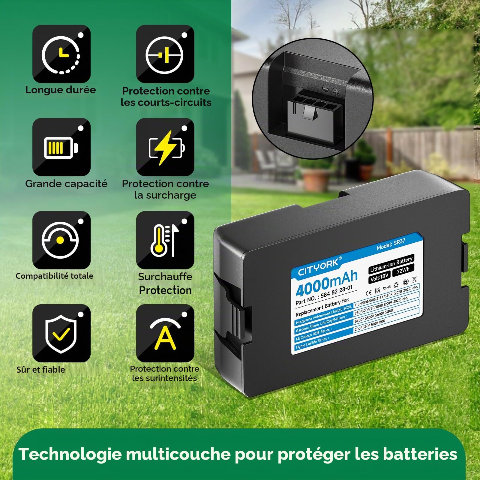 CITYORK 18V/4000mAh Tondeuse Batterie pour Husqvarna Automower Limited 2020-2022: 115H 305 310 315 315X, pour Gardena Sileno Minimo 250/500, pour Gardena Sileno City/Life:1250/1000/750/600 (2019-2023)