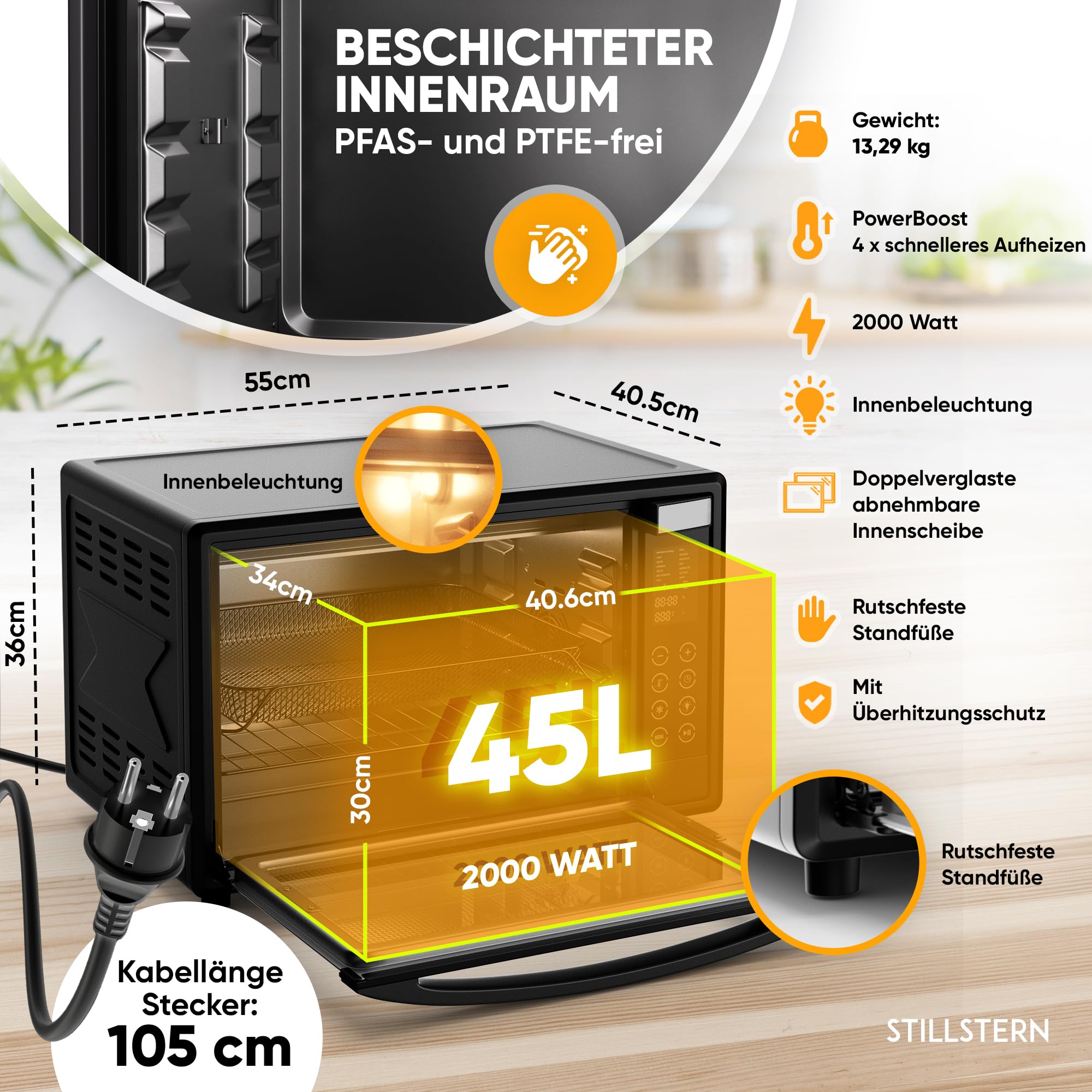 Stillstern Minibackofen mit Umluft 45L (DE Vers) Pizza Ø32, CYCLONE PRO+ Antihaftbesch, 13 Prog, Auftauen&Warmhalten, 8h Timer, Camping Mini Backofen mit Umluft Pizzaofen Mini Ofen klein Hähnchengrill