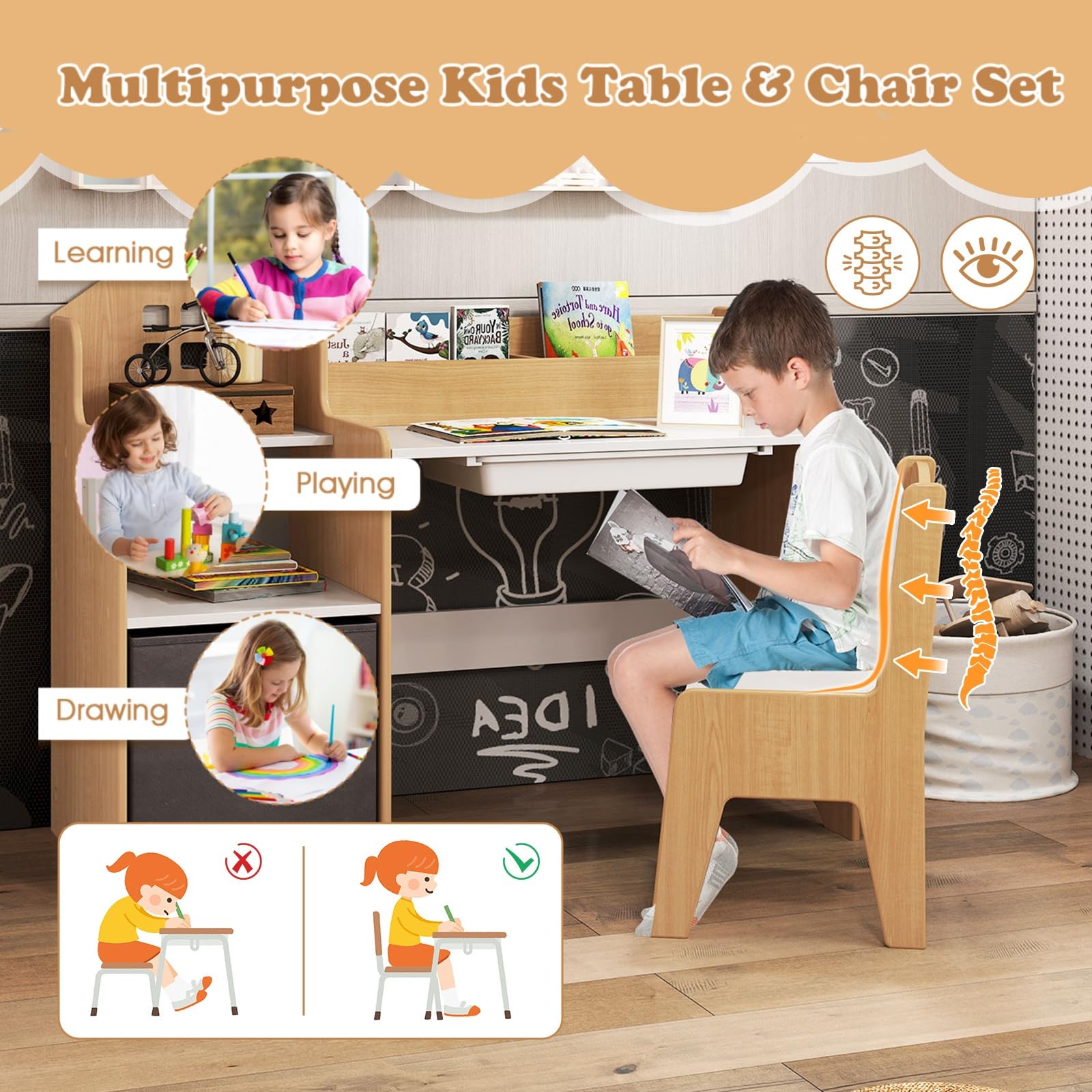 LIFEZEAL Kinderschreibtisch mit Stuhl Set, Kinderlerntisch mit Bücherregal & Schublade, Schreibtisch-Set für Schüler, Tisch und Stühle für Kinderzimmer (Natur)