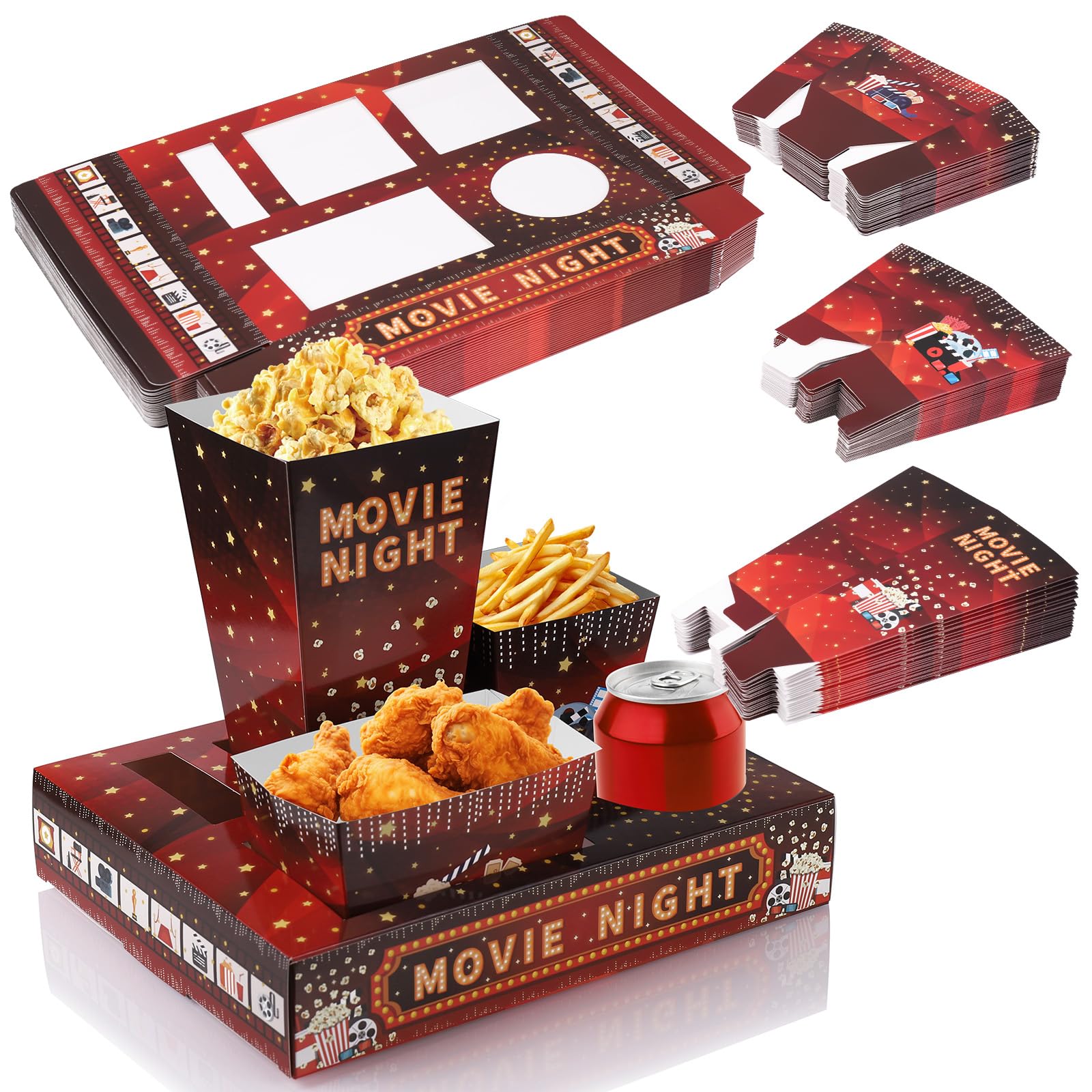 100 Pcs Movie Night Snack Trays, Include 25 Snack Trays, 25 Popcorn Boxes, 25 Salad Bowls, 25 Nacho Bowls, Disposable Movie Night Supplies for Family Kids Birthday Holiday Party