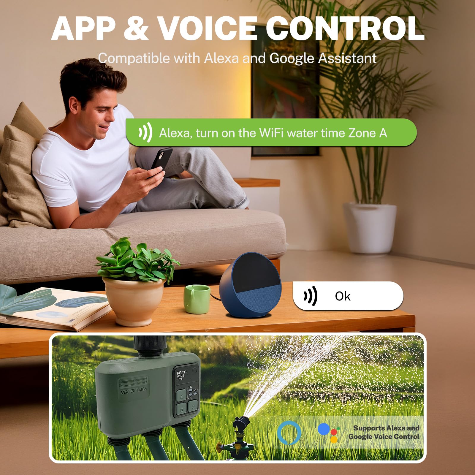 Johgee Bewässerungscomputer WLAN 3 Ausgänge mit 500M RF 433 Technologie, Smart Zeitschaltuhr Bewässerung mit APP, Alexa Sprachsteuerung, 6 Bewässerungsplänen, Automatische Bewässerungsuhr für Garten