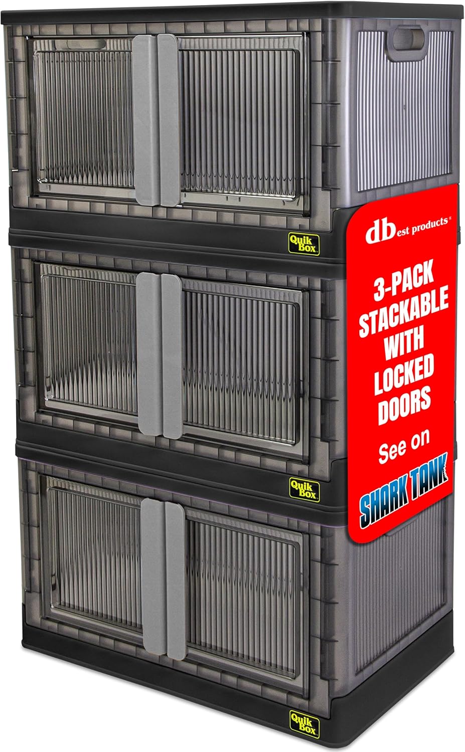 Quik Box - 19 Gallon 3 Pack Stackable Storage Bins with Doors, Collapsible Organizer Foldable Container, for Bedroom Living Room Neat, Tidy Dorms and Organized Homes, Boxes