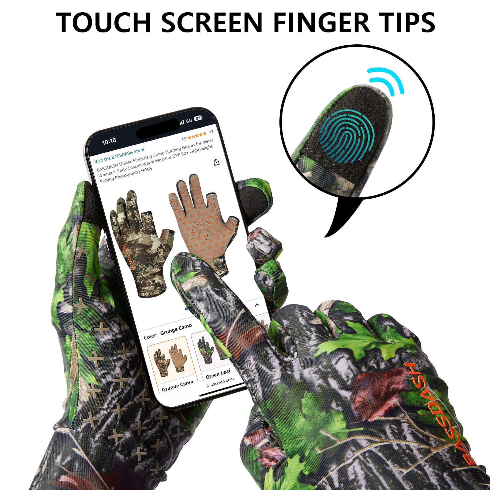 BASSDASH Guantes de caza de camuflaje para hombre, UPF 50+, ligeros, para pantalla táctil, para clima cálido, pesca, senderismo, actividades al aire libre