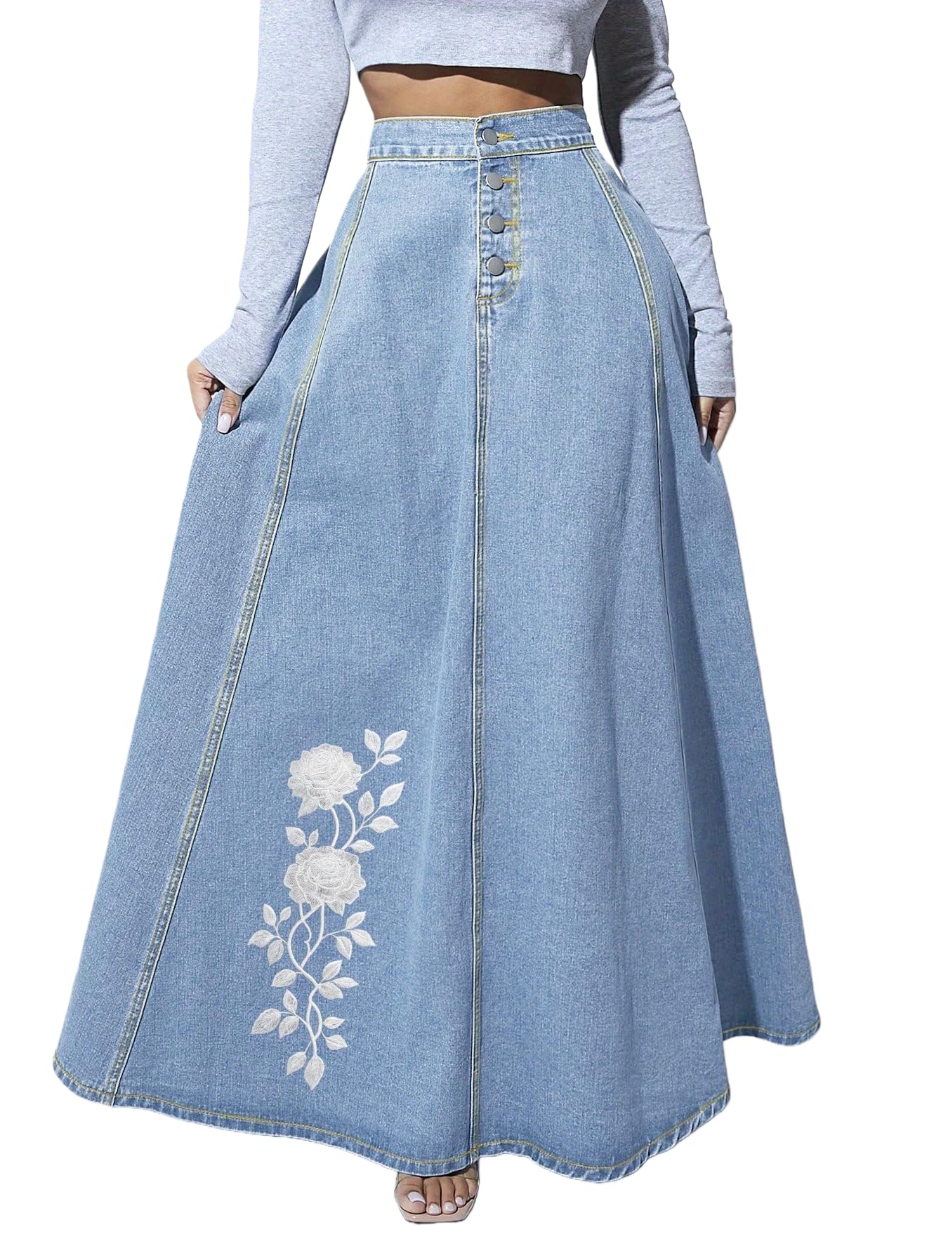 Tozamil Long Flowy Embroiderd Skirts for Women A-line high-Waisted Denim Maxi Skirt Cute Jean Skirt for Women