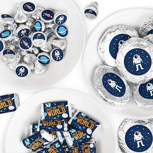 Big Dot of Happiness Blast Off to Outer Space Mini Candy Bar Wrappers, Round Candy Stickers and Circle Stickers Rocket Ship Baby Shower or