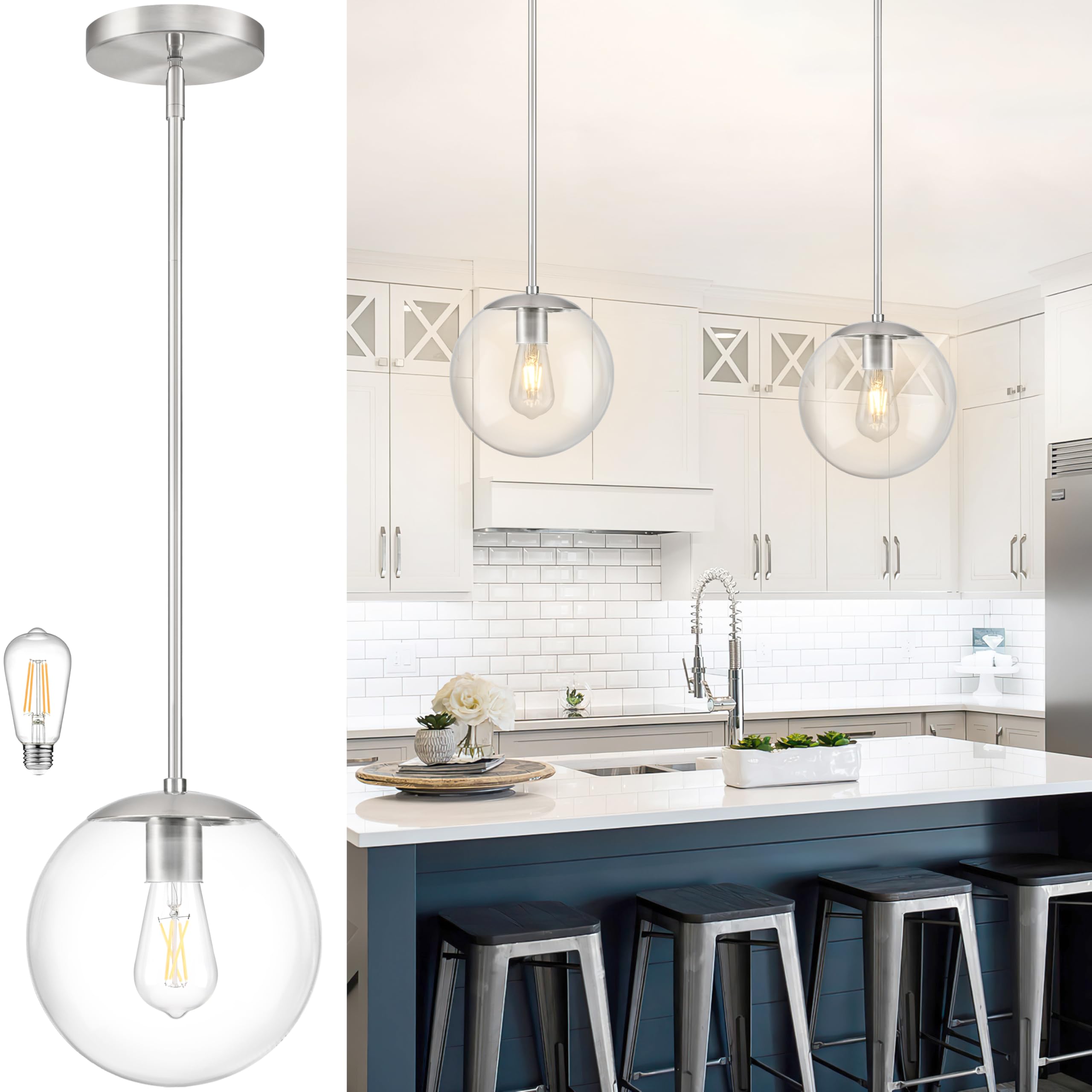 Photo 1 of Bagood 10 Inch Globe Pendant Light Nickel Globe Pendant Lights Kitchen Island Mid Century Light Fixture with Hight Clear Glass Contemporary Adjustable Hanging Lights for Dining Room (Bulb Included)
