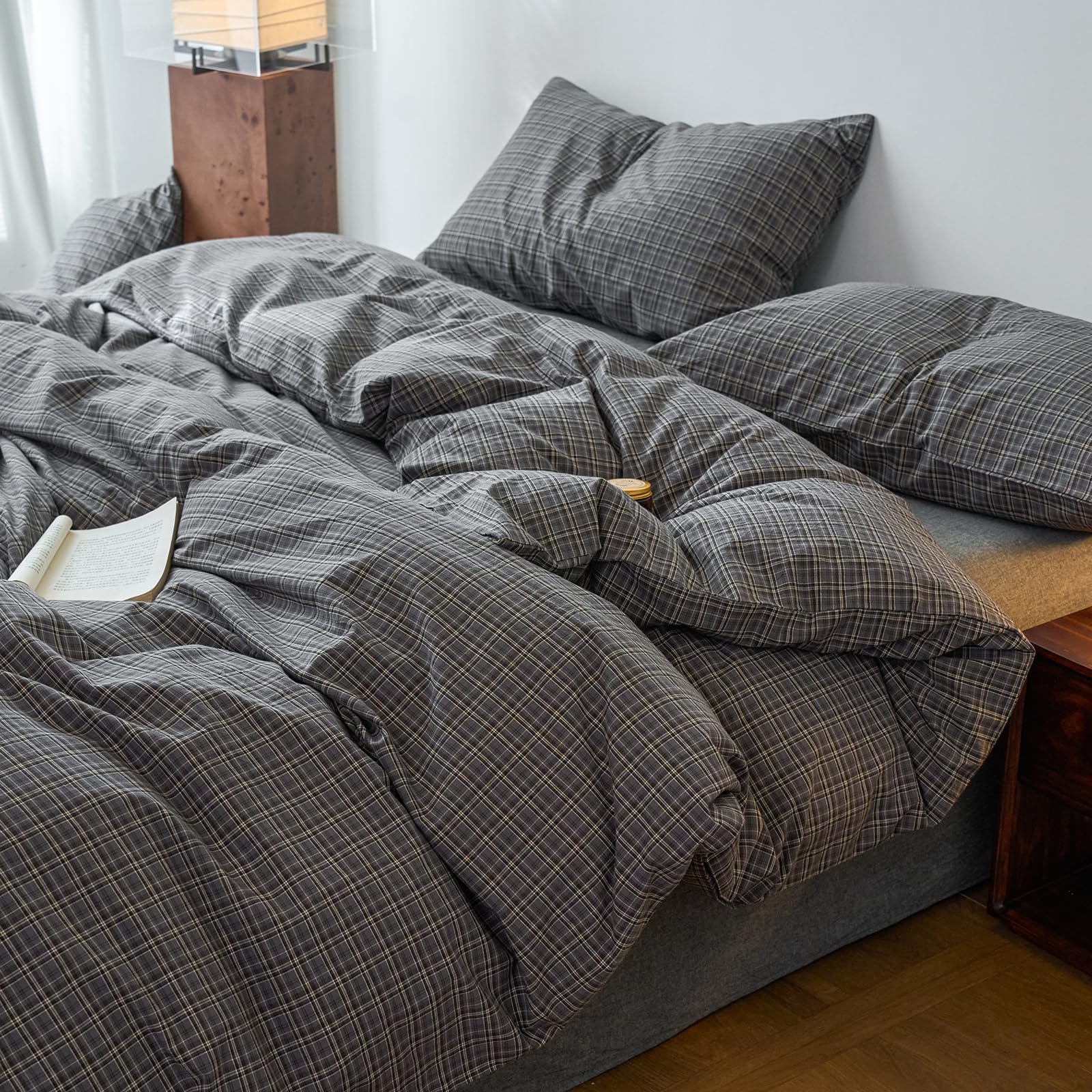 EAVD Vintage Plaid Gingham Duvet Cover Queen 100% Washed Cotton Grey