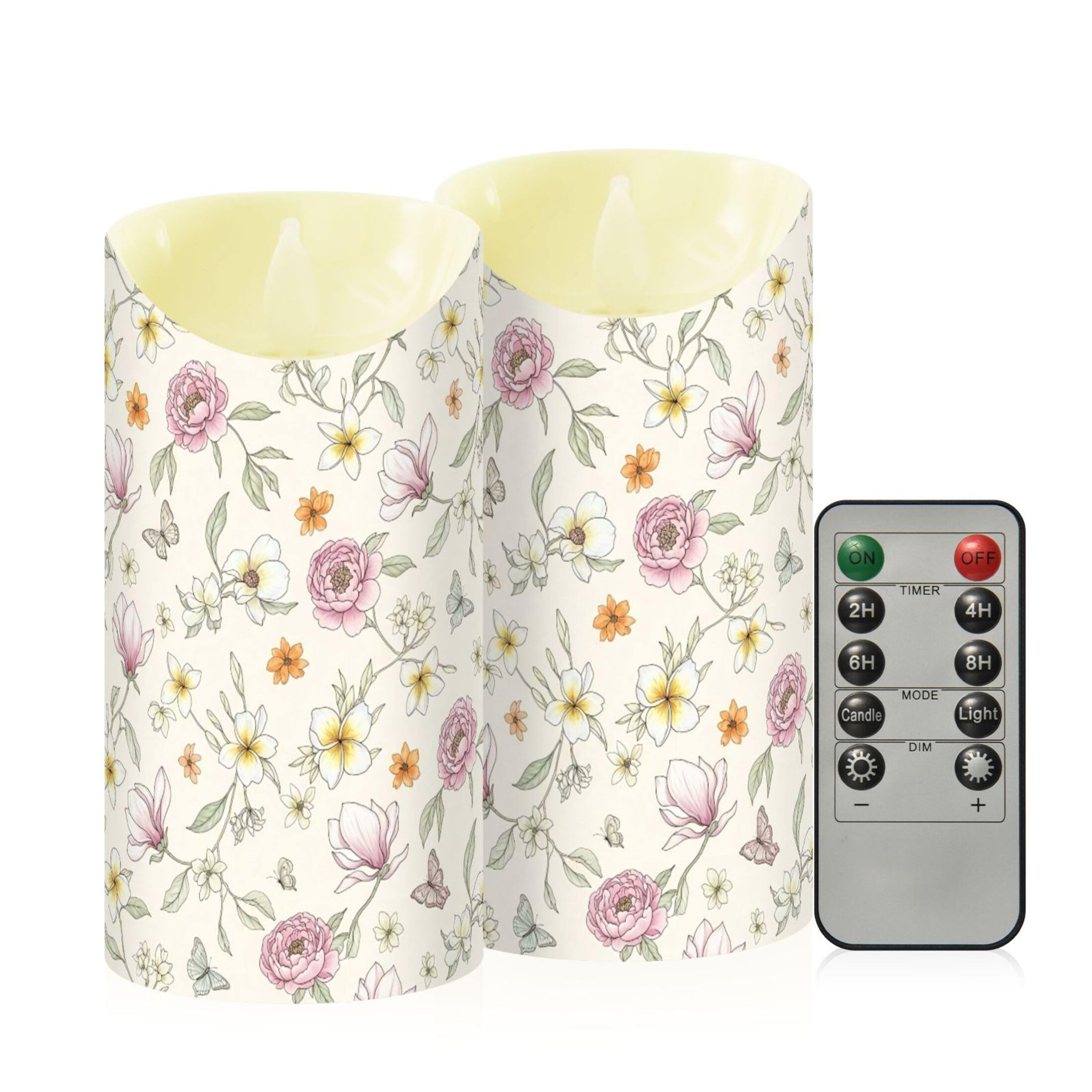 Fuauuyl Flowers LED Flameless Candles Flickering Plastic Pillar Candles Battery Operated Votive Candle with Remote Control and Timer, Home Decoration 2 Pack