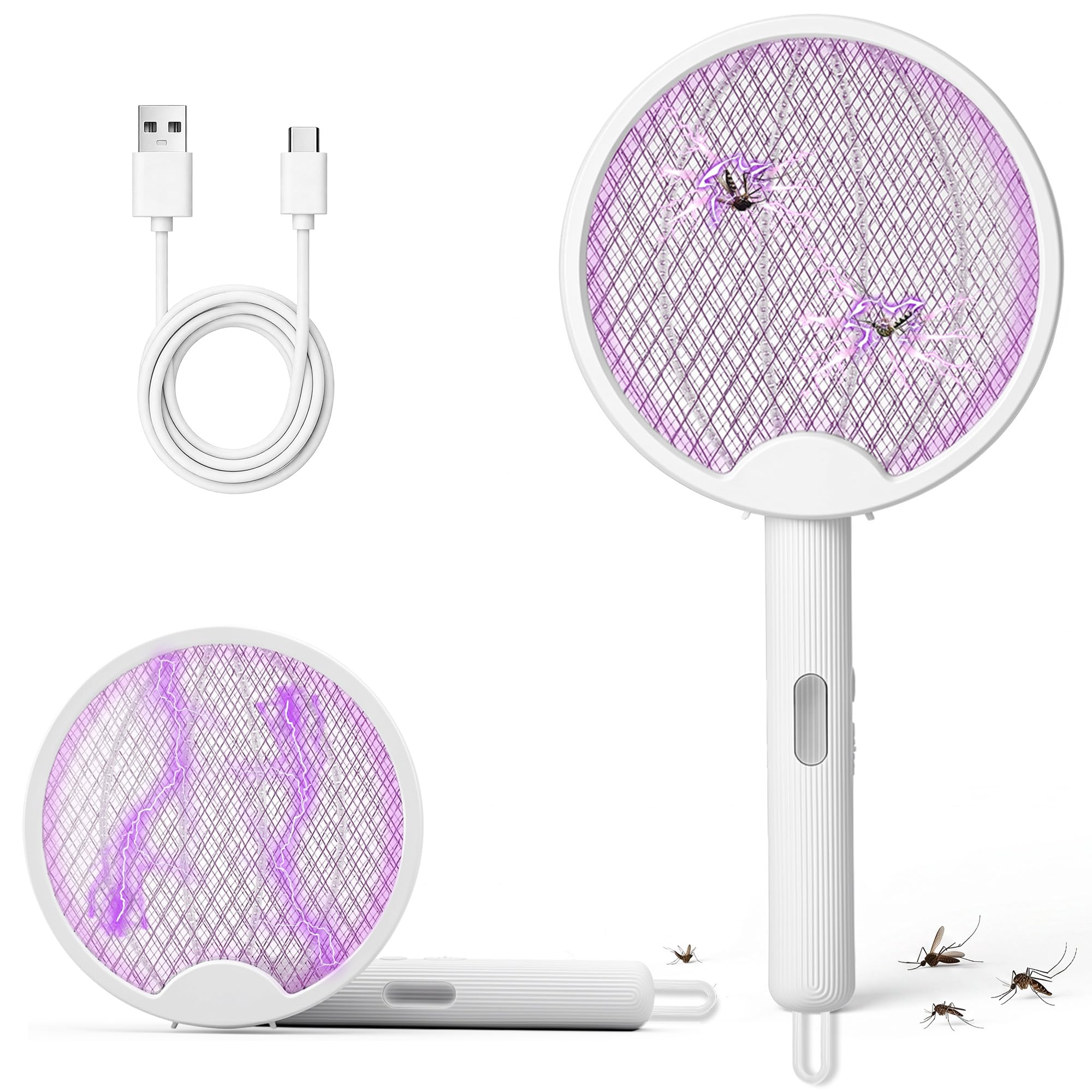 Kssvzz Electric Fly Swatter, Foldable Fly Zapper Racket USB-C Rechargeable, Portable Flies Killer Mosquito Bug Zapper for Home, Camping & Outdoor