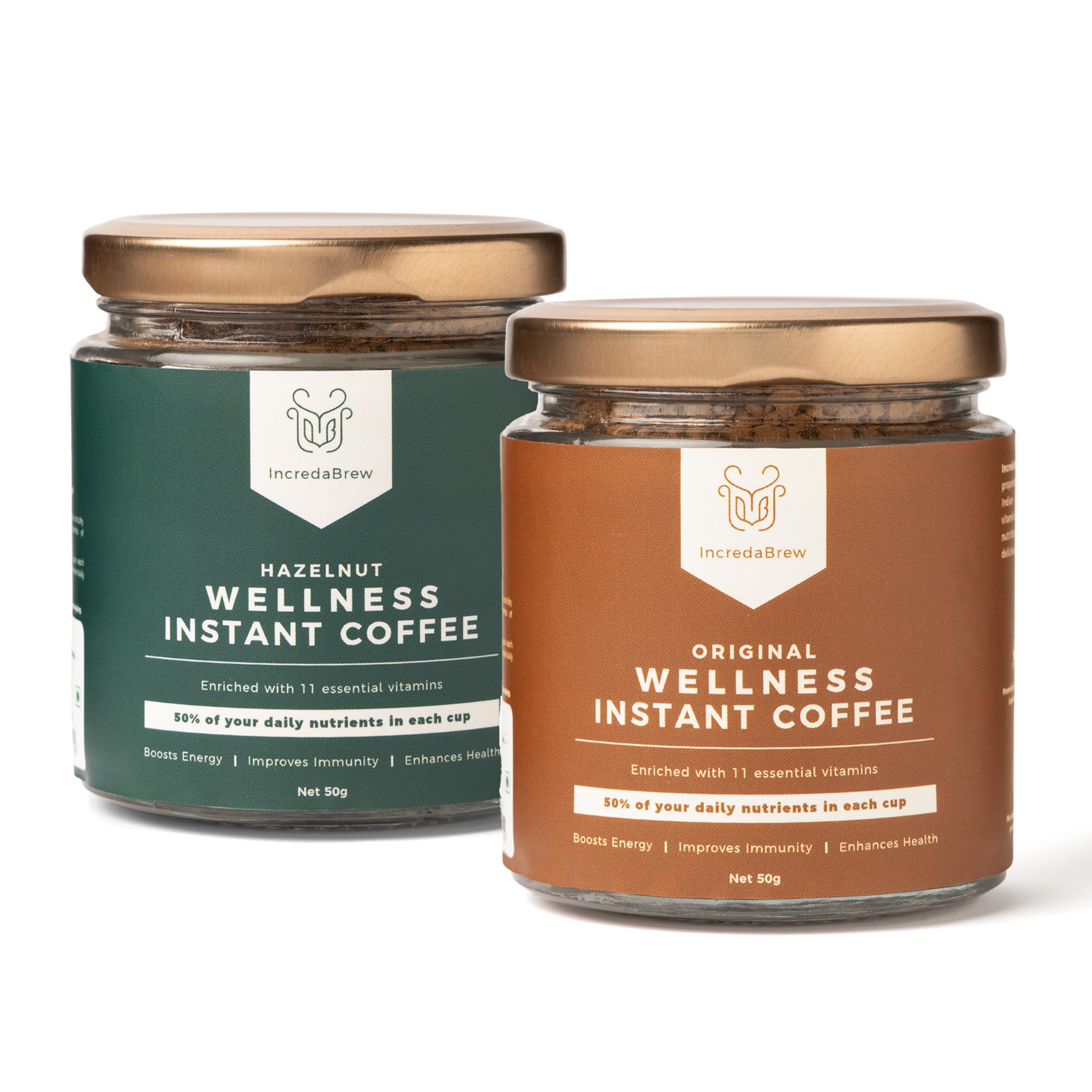 IncredaBrew Hazelnut and Original Wellness Instant Coffee Powder - 100g, Vitamin Rich Flavoured Coffee Combo Pack of 2 x 50g | Makes 50 Cups of Hot or Cold Coffee, Milk or Black Coffee