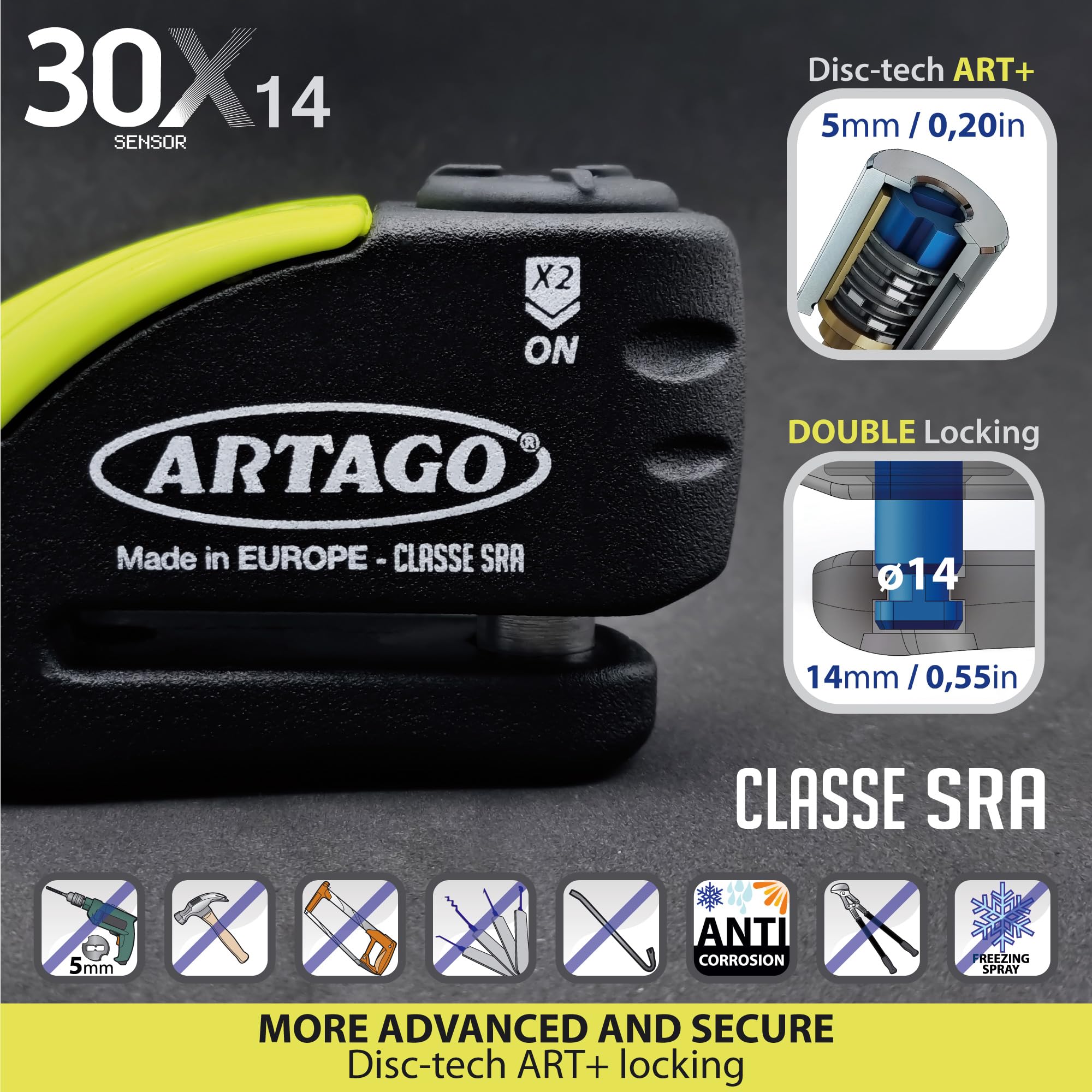 Artago 30X2 Pack Antivol Bloque-Disque avec Alarme 120db Haute Sécurité + Support pour Yamaha MT-07 et Tracer 700, Homologué SRA et Sold Secure Gold, Noir/Jaune