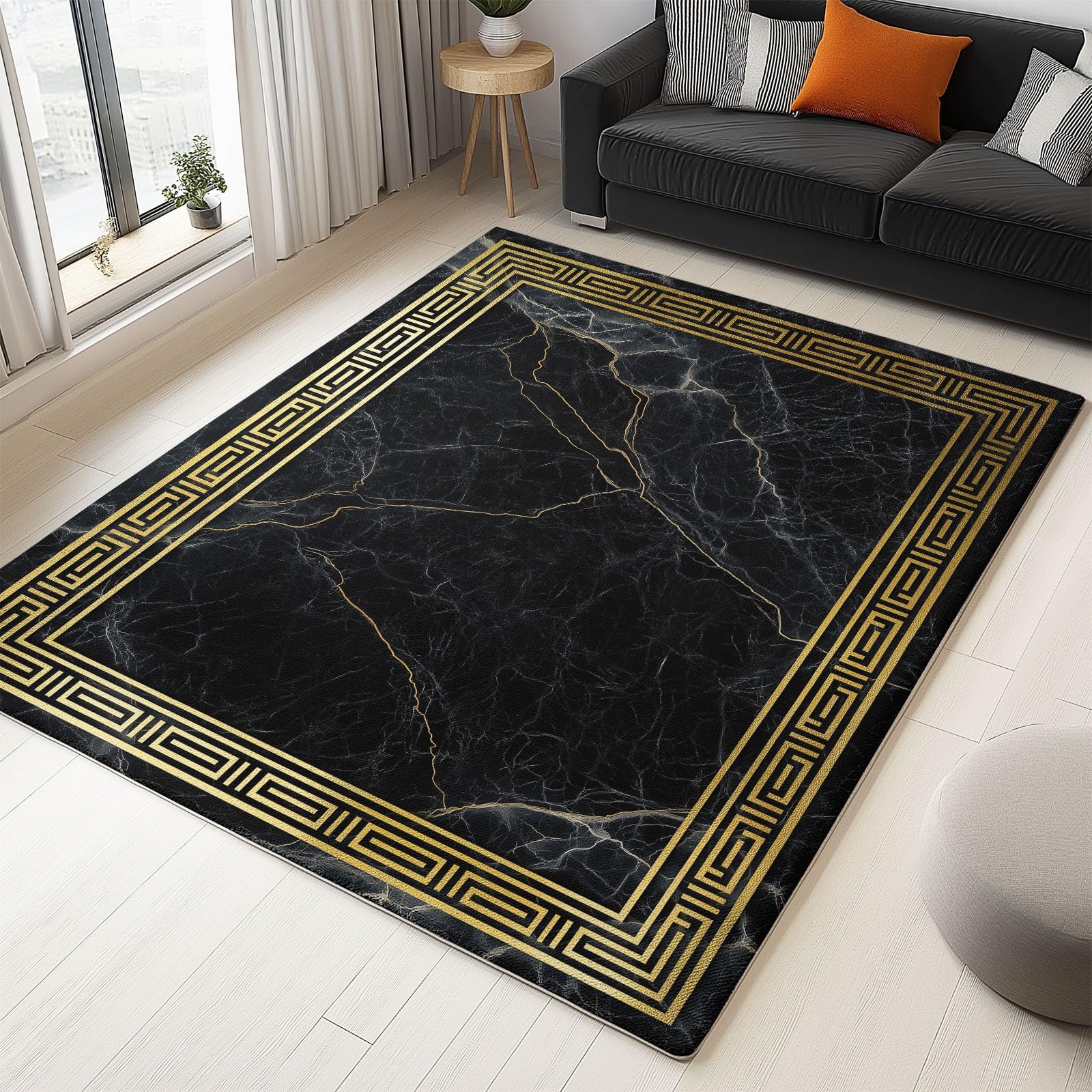 Tapis de Salon Noir 180x240 cm à Motif Marbre en Flanelle Antidérapante