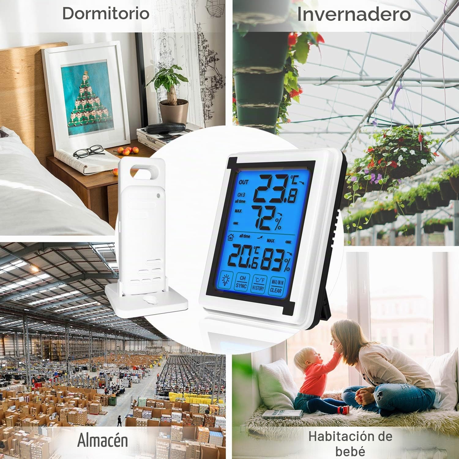 ThreeH Termómetro para Interiores y Exteriores Higrómetro Digital con 3 sensores Inalámbricos Indicador Humedad Monitor Temperatura Preciso Pantalla Táctil LCD Retroiluminación (3 sensores)
