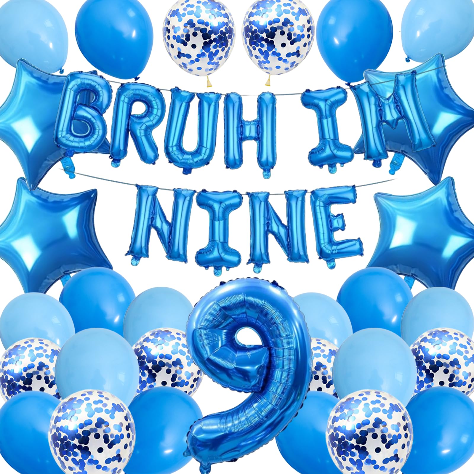9th Birthday Decorations Banner for Boy - 39 Pcs Blue Happy Birthday Banner Bruh Im Nine Letter Number 9 Star Foil Balloons Latex Set for 9 Years Old Party Supplies