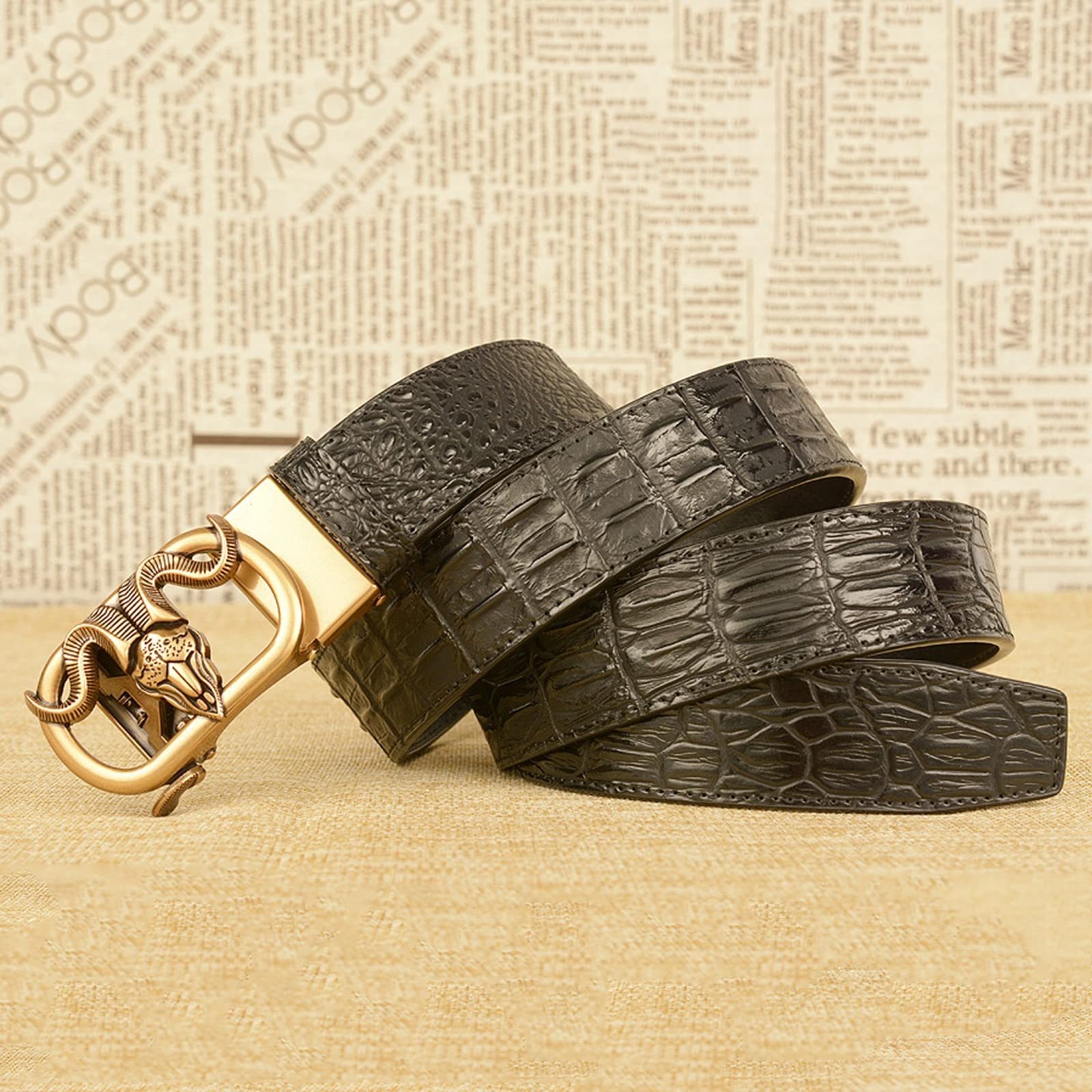 Cinturón para Hombre, Cinturones de Hebilla Deslizante de trinquete de Cuero, Hebilla automática de Metal,Black Gold,120cm