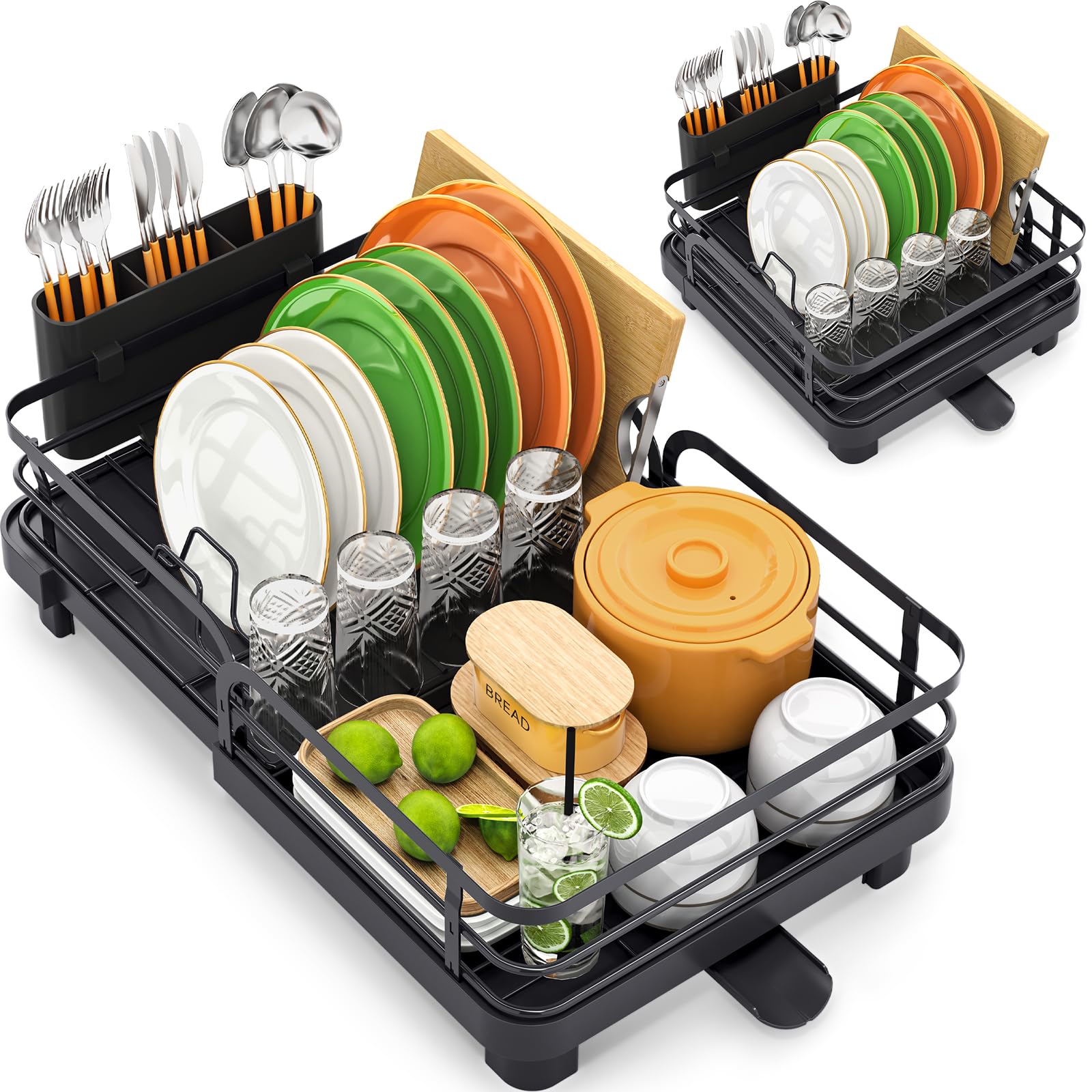 TOOLF Expandable Dish Drying Rack for Kitchen Counter, Black
