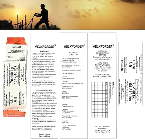 Miniatura 6 de WELKFORDER Cordón de seguridad interno de 6 pies que absorbe golpes con conectores de gancho de presión dobles de forja ANSI Z359.13-2013 que cumple