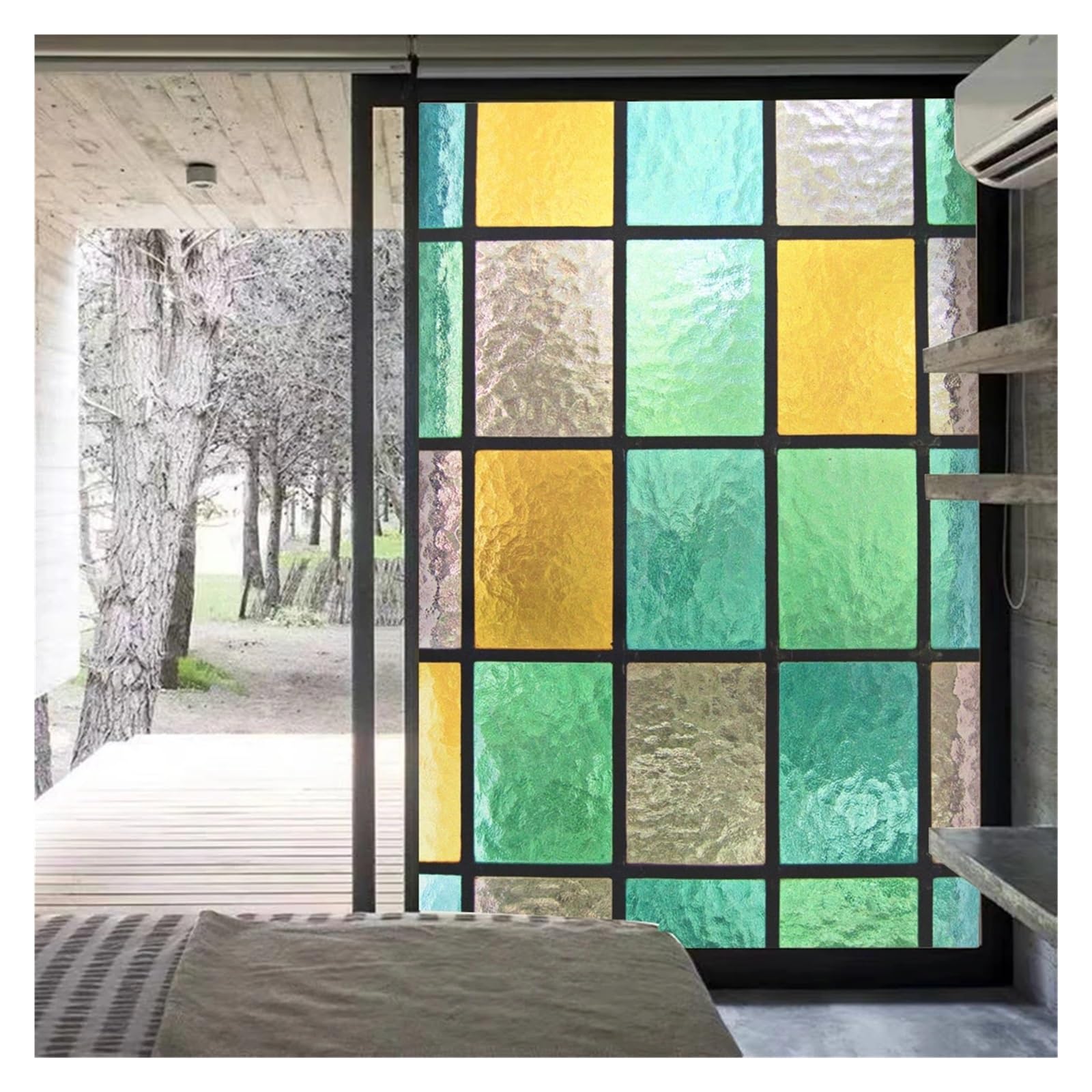 Mdsiokhj Color 2 Stained Glass Window Film Anti Privacy Glass Church Style Colored Lattice Pattern Glue-Free Static Cling Door Sticker(,60Cmx90cm)