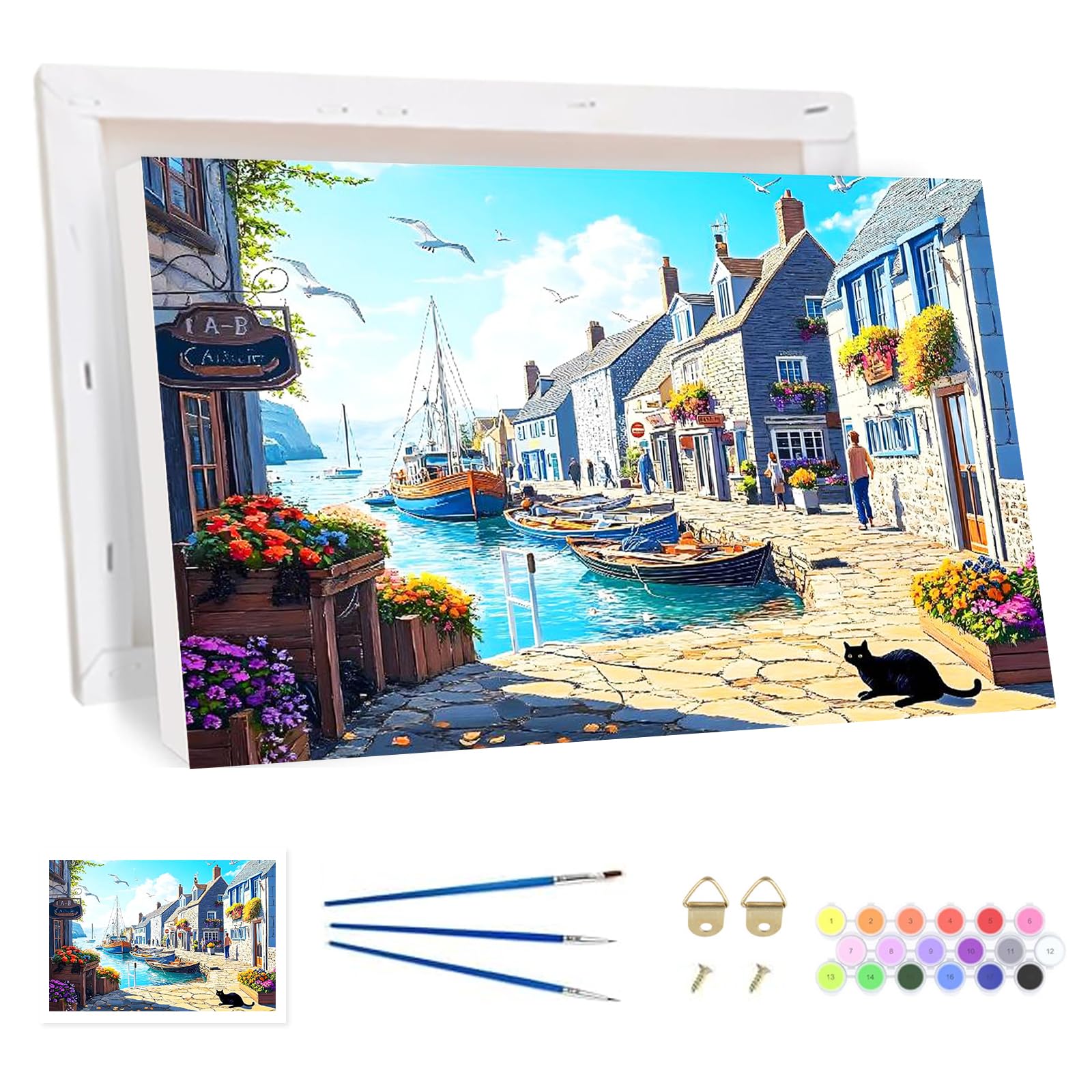 Bowetile Framed Boat Paint by Numbers for Adults, Landscape Painting by Numbers Kit for Adults Beginners Canvas Kit, DIY Color Oil Painting Acrylic Paints for Home Wall Decor 20x30cm