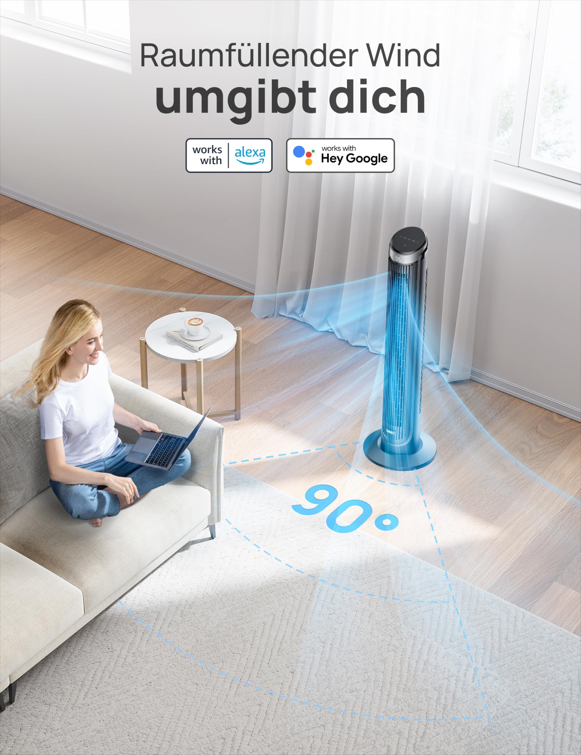 DREO Smart Turmventilator, 90° Oszillierend Standventilator, 7.9 m/s, 5 Stufen, 4 Modi, Touch/Fernbedienung/App, Alexa, 12H Timer, Silber