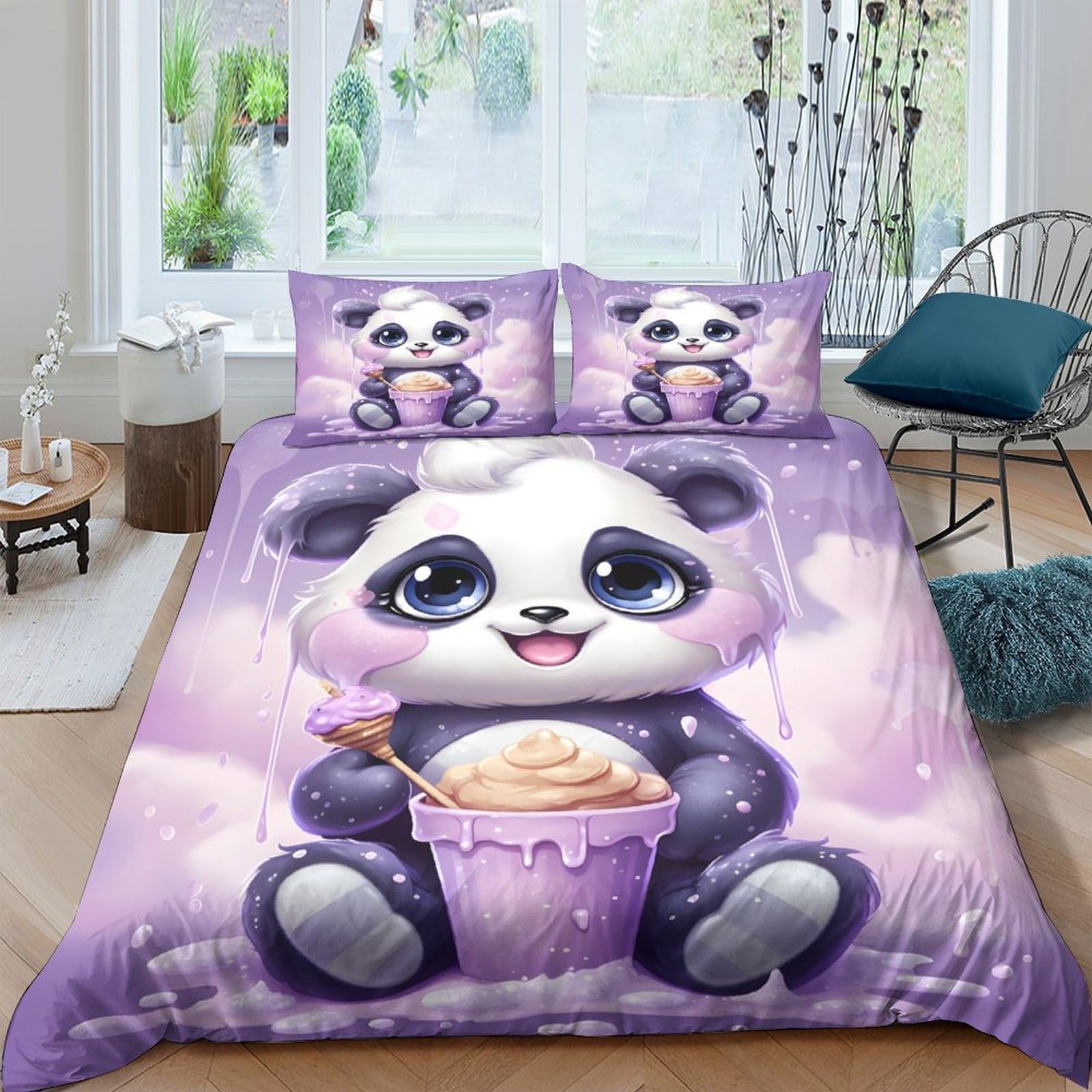 GPLZQXKJNH 3D Printed Cute Panda Ice Cream Duvet Cover Microfiber Soft Breathable Purple Cartoon Bedding Set with 2 Pillowcases for Bedroom Decor Single（135x200cm）