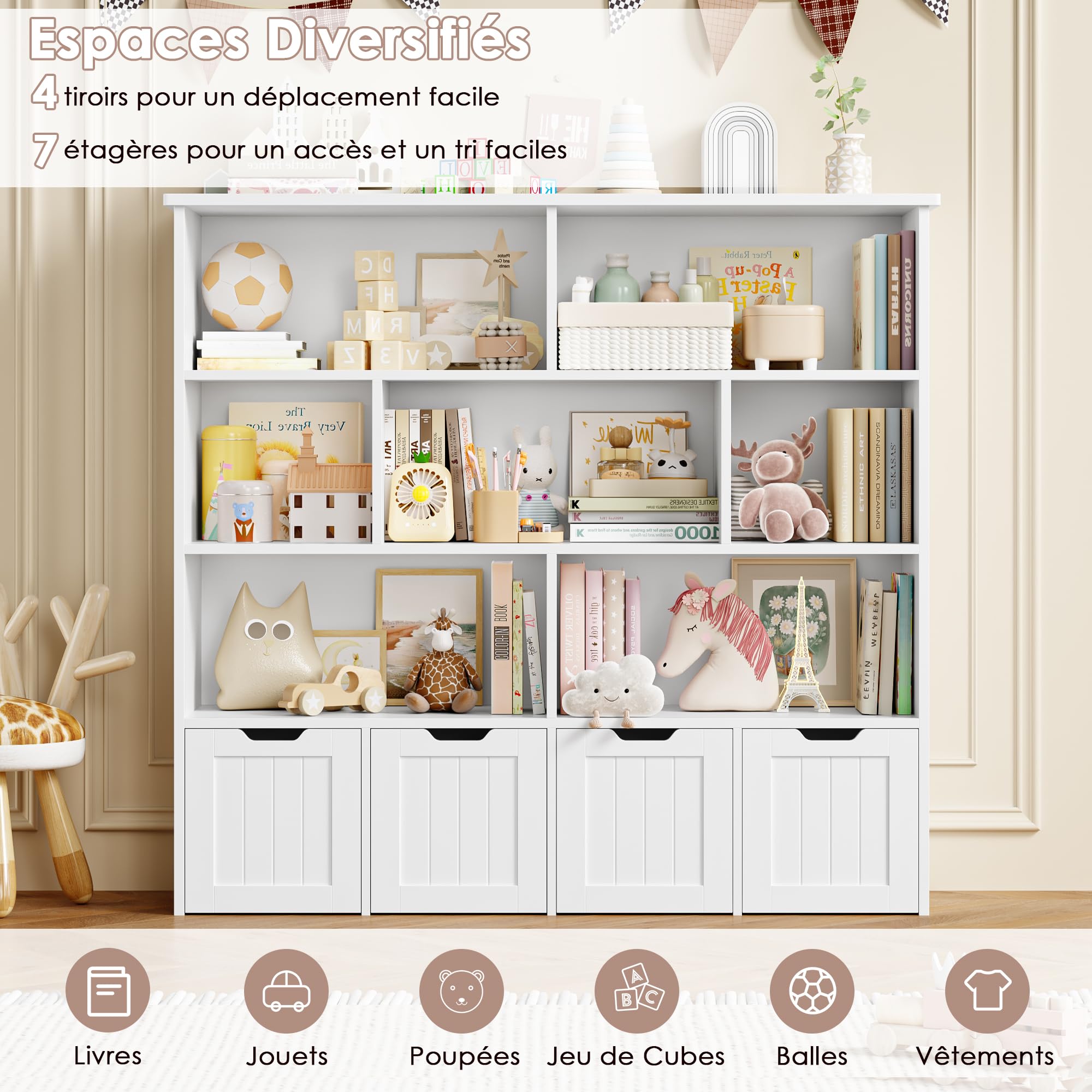 FOREHILL Meuble de Rangement Enfant Bibliothèque Enfant avec 8 Étagères 4 Tiroirs Roulants Rangement Jouet pour Chambre d’Enfant Salle de Jeu 125.5x33x118cm Blanc