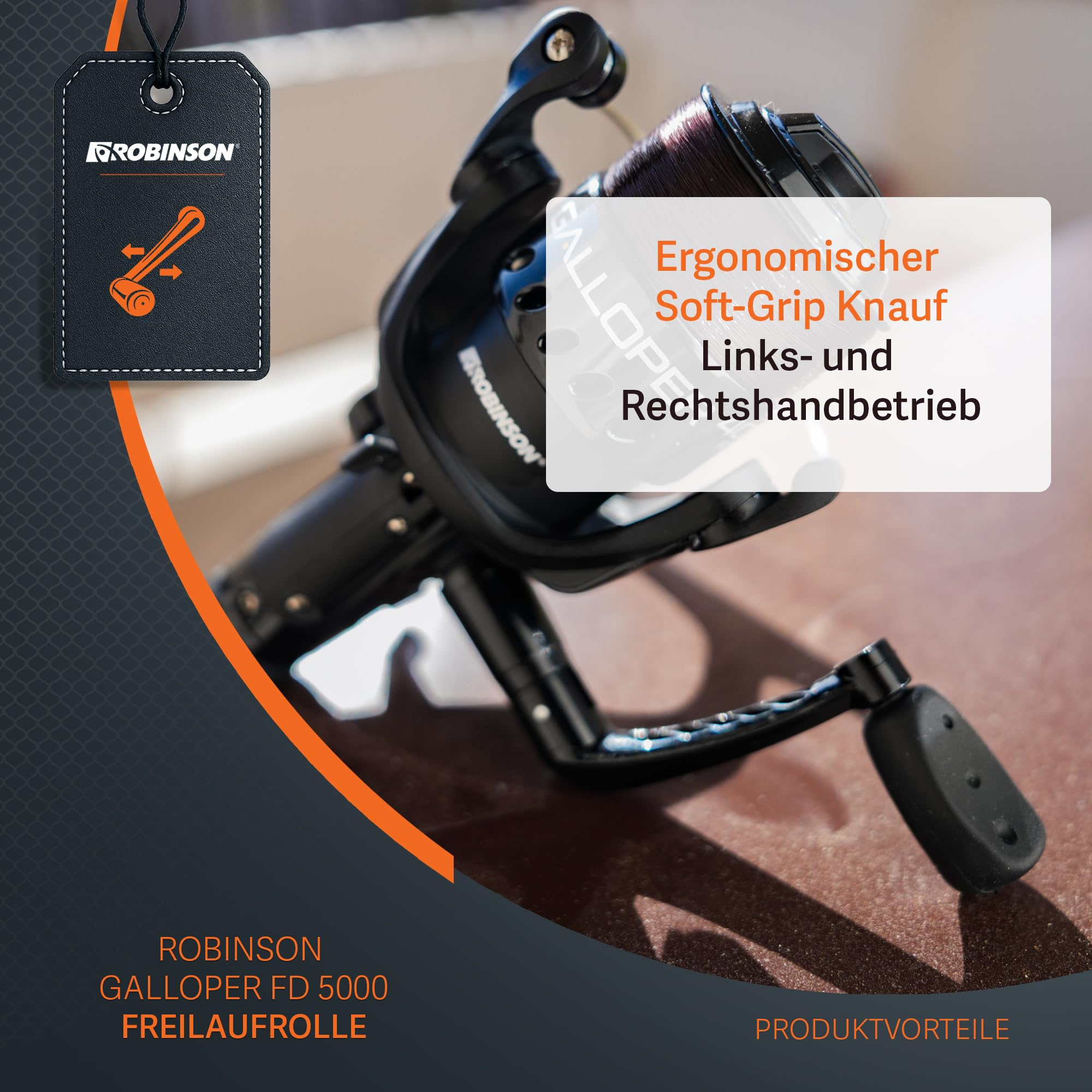 ROBINSON Angelrolle mit Freilauf – Leichte Graphitausführung - Rutschfester Griffknopf - Fein justierbares Bremssystem - Balancierter Rotor - Galloper