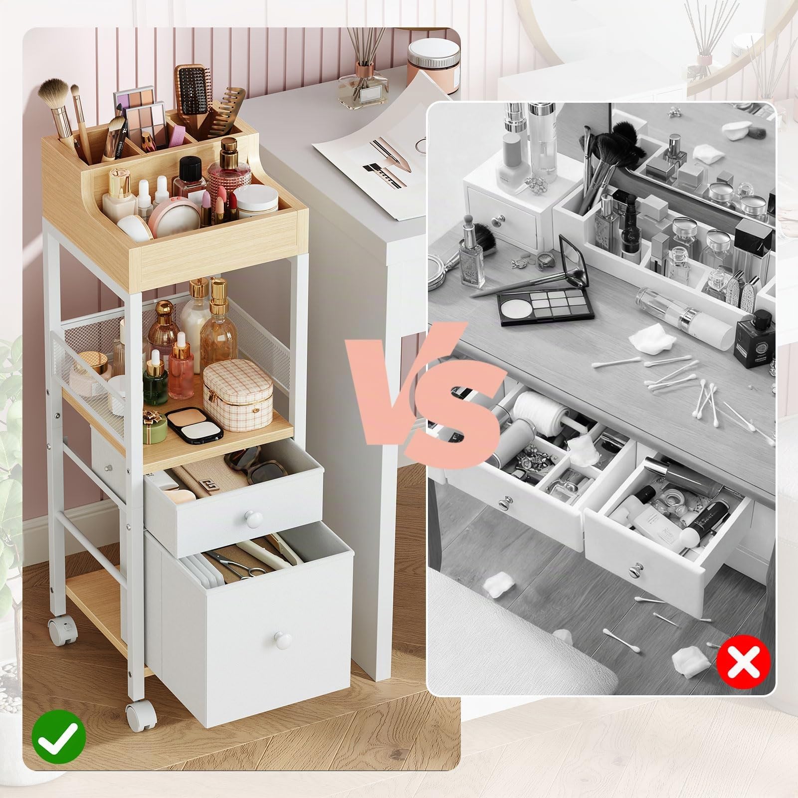 HOOBRO Carro de Maquillaje Móvil, Carrito para Cosméticos con Cajón de Tela, Estantería con Ruedas para Tocador, para Productos de Cuidado de la Piel, Brochas, Blanco y Natural EWN19TC04
