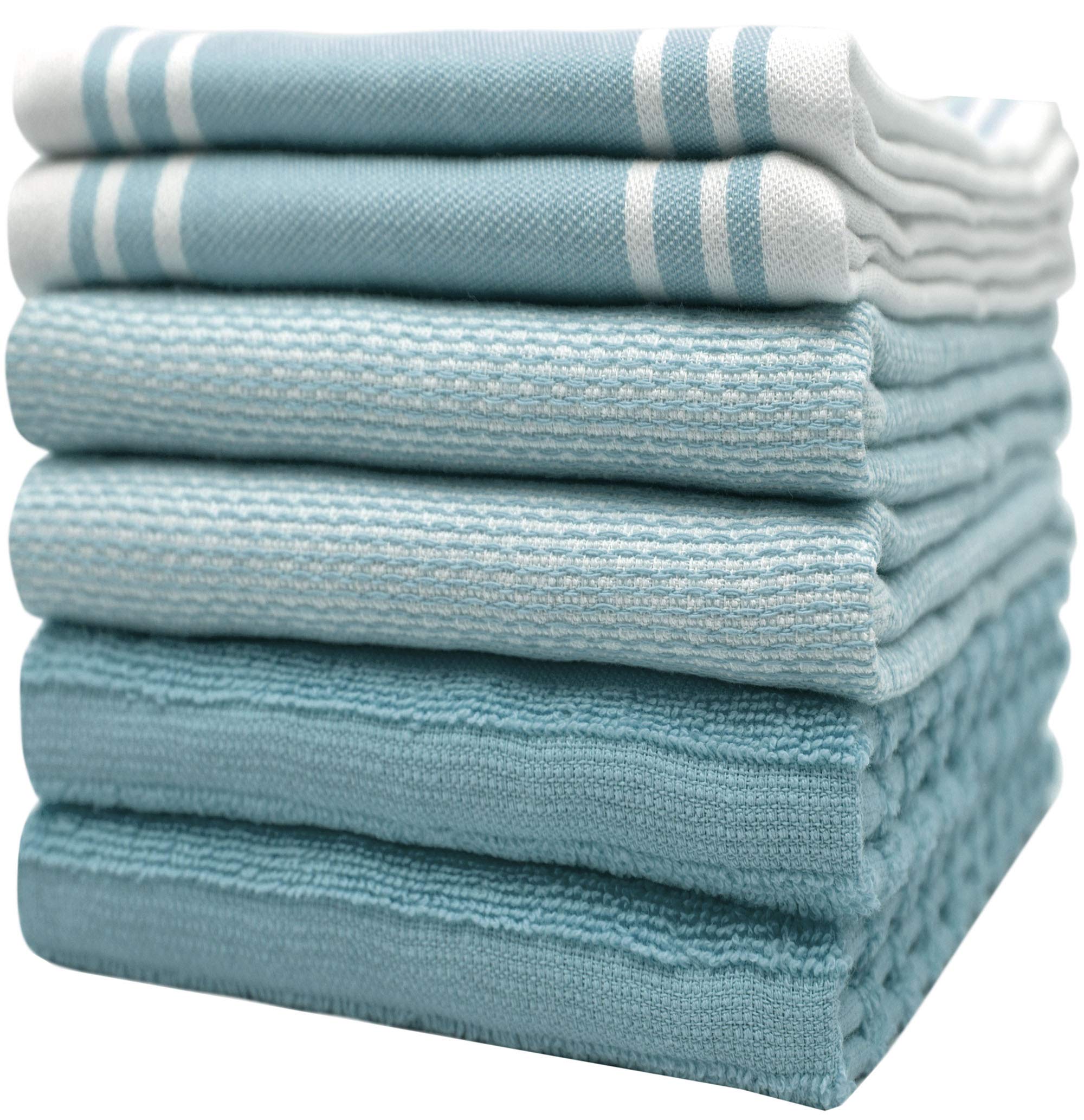 Premium Kitchen Towels (20”x 28”, 50 x 70 cm, 6 Pack) – Large Cotton Kitchen Hand Towels – Vintage Striped Flat & Terry Towel – Highly Absorbent Tea Towels Set With Hanging Loop – Aqua