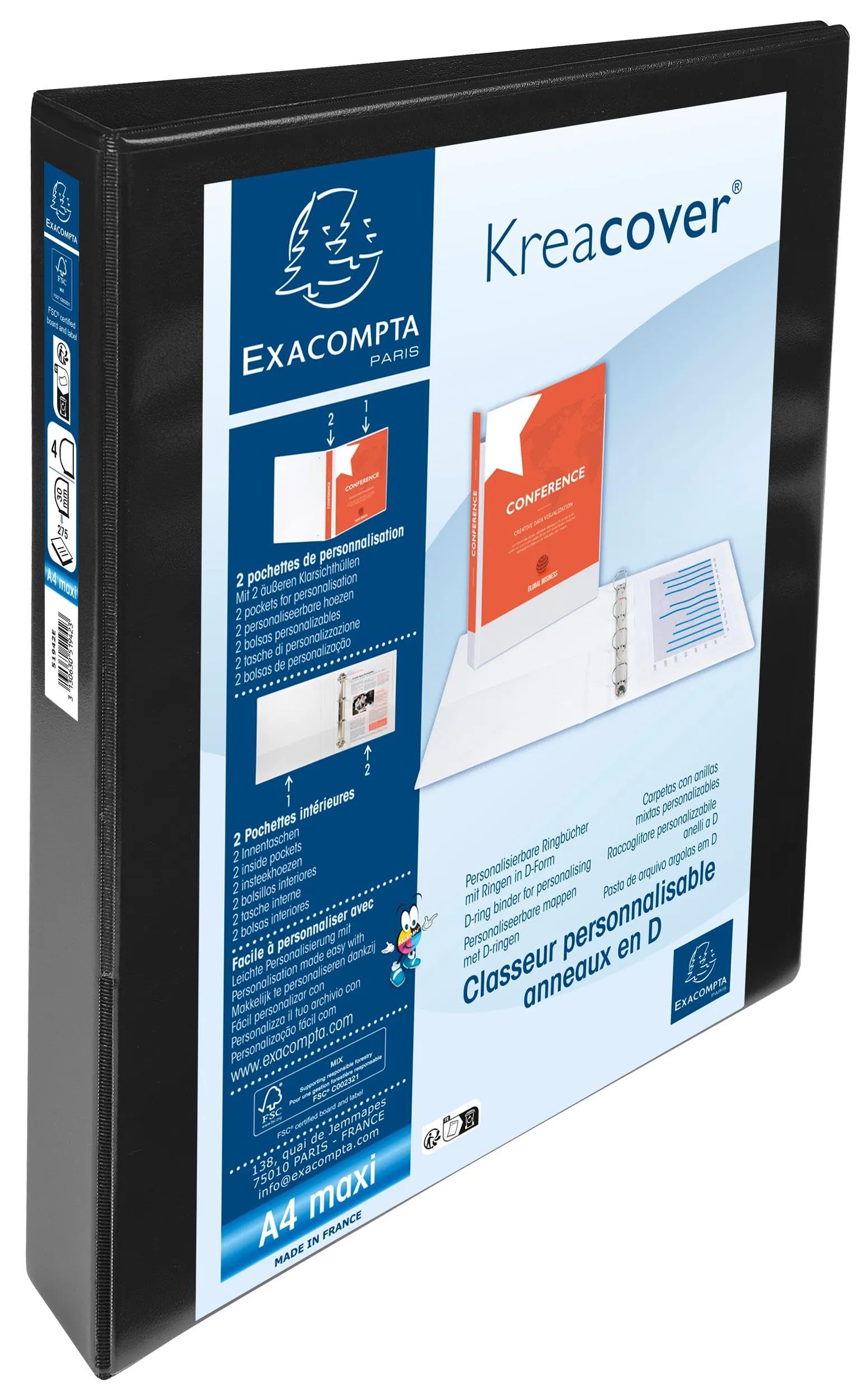 Exacompta Raccoglitori Personalizzabili – Lotto Da 10, 4 Anelli A D Da 30 Mm, 2 Tasche Trasparenti, Formato A4 Maxi, Dorso 47 Mm, Colore Nero