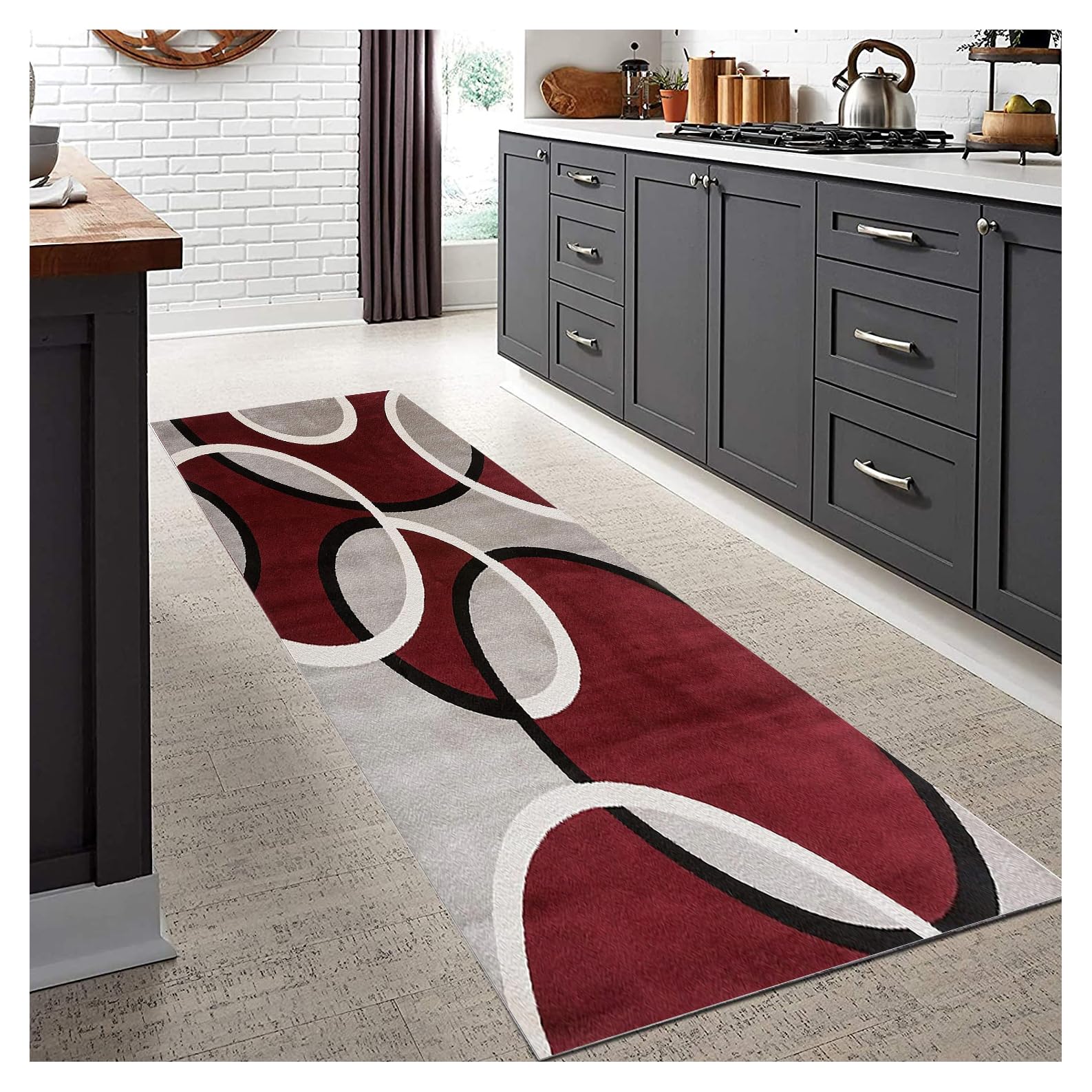 Tappeto Runner Ingresso Antiscivolo Lavabile, Bordeaux e Grigio, Tappeto Passatoia Cucina Moderno, Pelo Corto,2.5 metri Personalizzabile, per Soggiorno, Camera da Letto, Corridoio,60x250cm