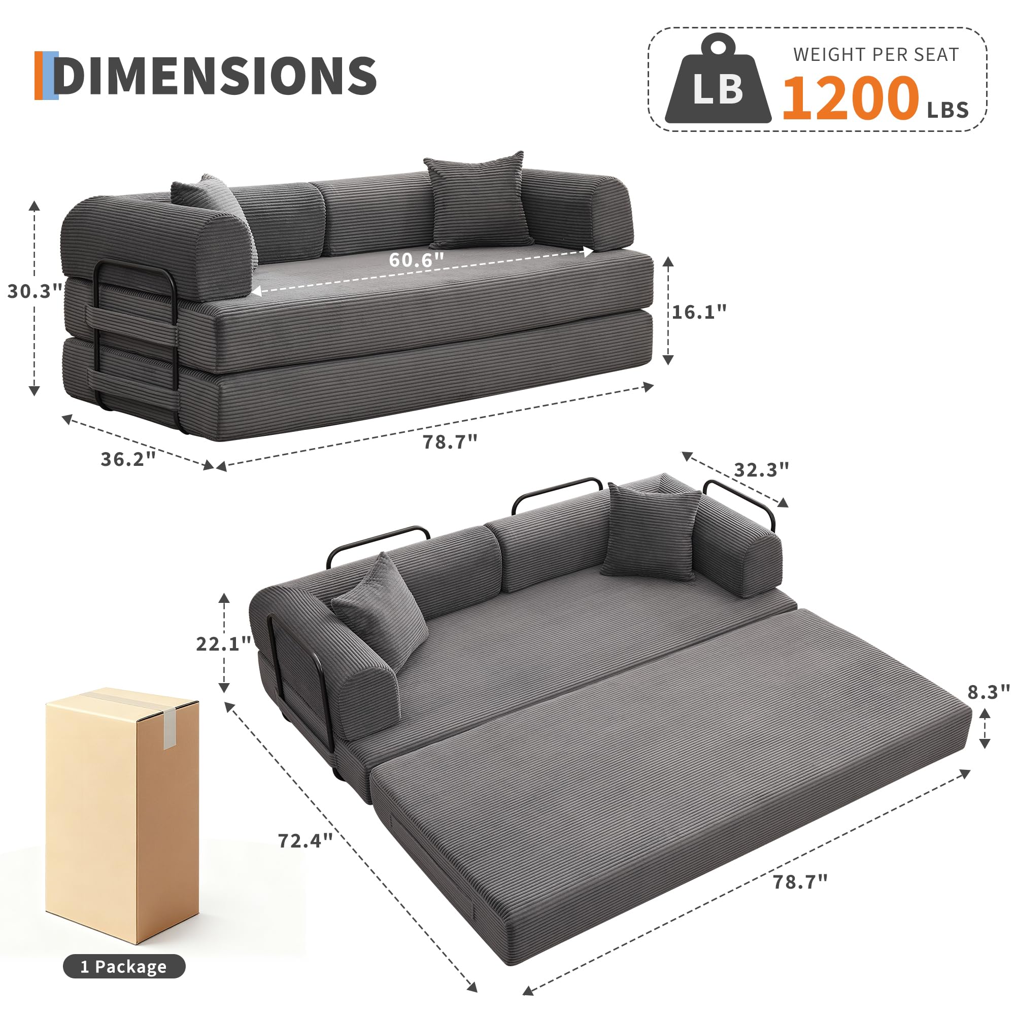 IDEALHOUSE 79" Convertible Futon Sofa Bed, Boneless Couch for Living Room | Folding Corduroy Sleeper Sofa, Modular Pull Out Couch with Pillows, Loveseat,No Assembly | Gray