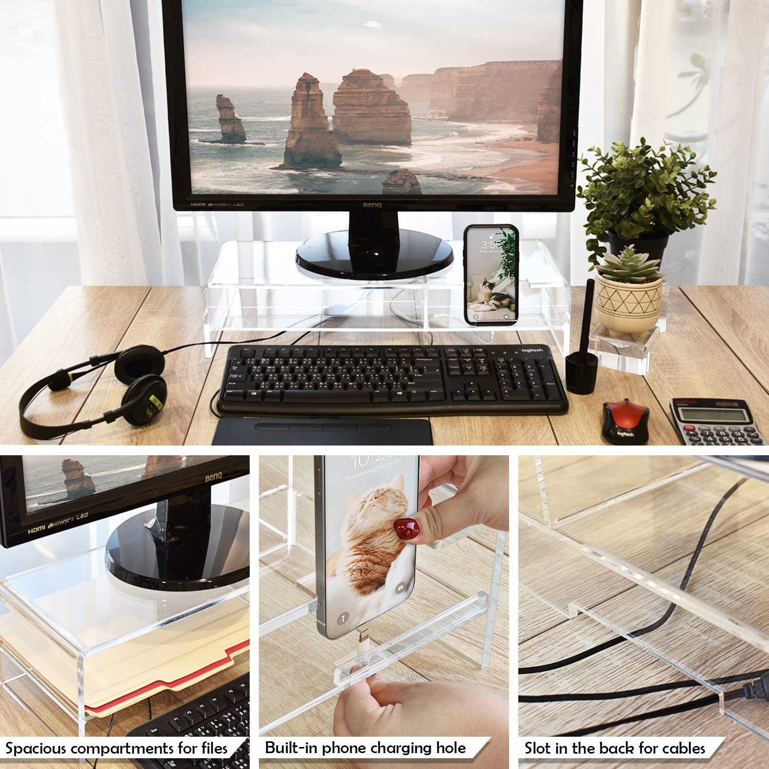 Egchi Acryl monitorstandaard, 2 lagen transparante monitorverhoger computerstandaard voor kantoor, thuis, kantoor, 5,5 inch hoge pc-bureaustandaard voor toetsenbordopslag, premium platform voor