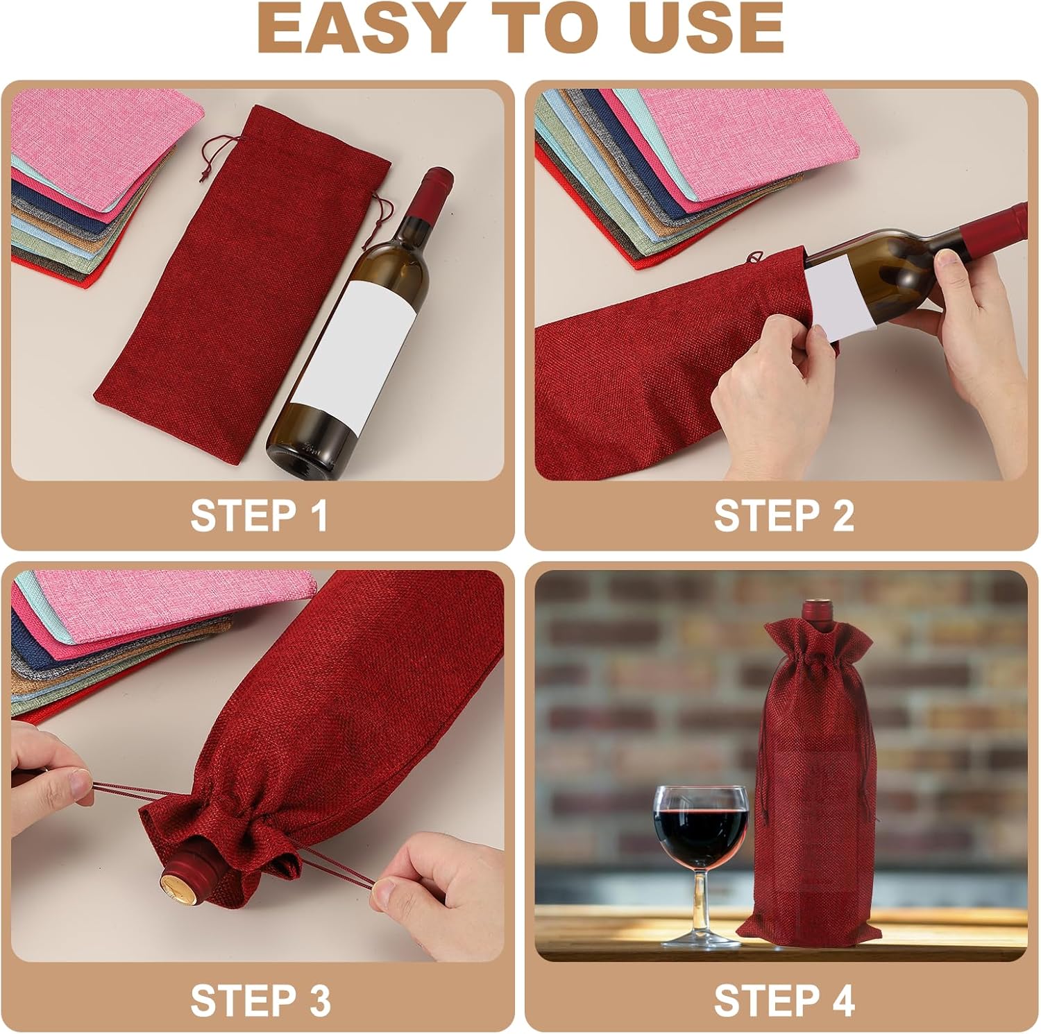 uxcell 4 Pcs Wine Bottle Gift Bags with Drawstrings, Velvet Wine Bags Reusable Liquor Bottle Covers for Wedding Birthday Party, Burgundy - Image 4