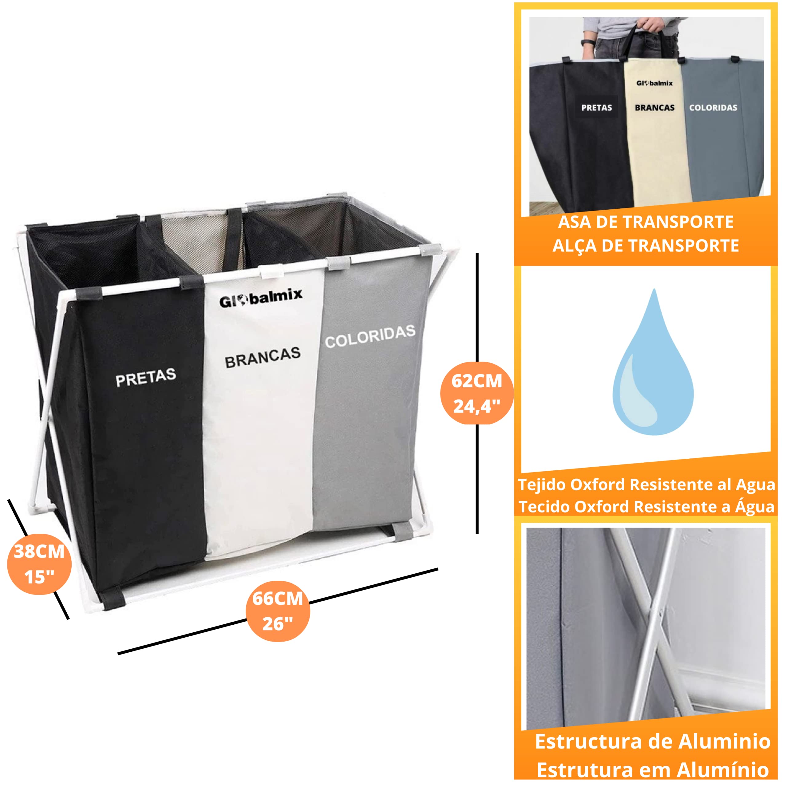 Cesto Per Biancheria Sporca 3 Scomparti Con Struttura In Alluminio - Pieghevole, Organizer Per Lavanderia Con Tasche Laterali - 3