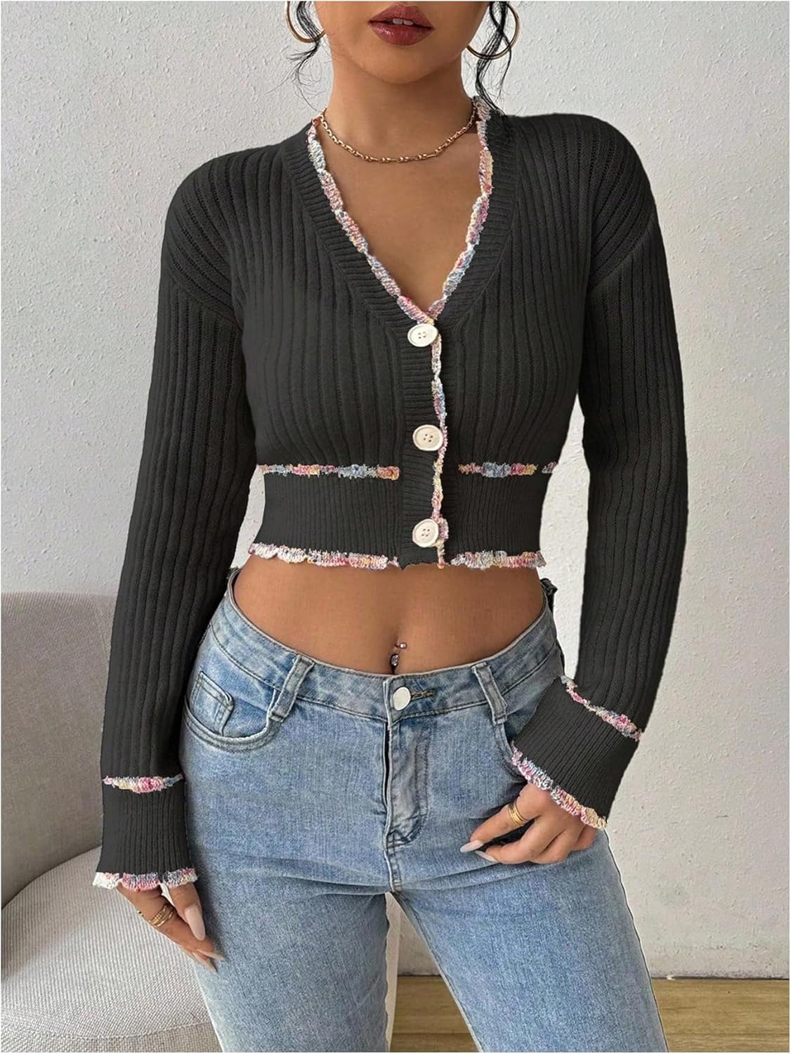 SweatyRocks Women's Long Sleeve Crop Sweater Cardigan Casual V Neck Ribbed Knit Sweater Button Down Cardigan Outwear - Image 2