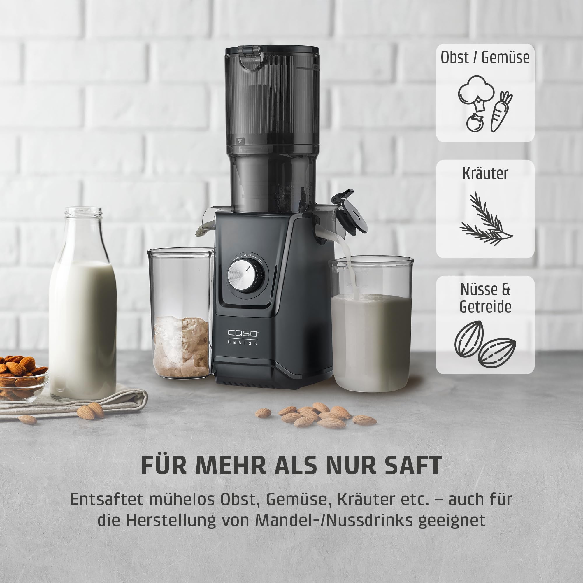 CASO Juice Fit - Slow Juicer, Sanftes und schonendes Entsaften dank niedriger Umdrehungszahl (40 U/min), Fill´n Juice, große Einfüllöffnung von 105mm Ø, Nährstoffe und Vitamine bleiben erhalten