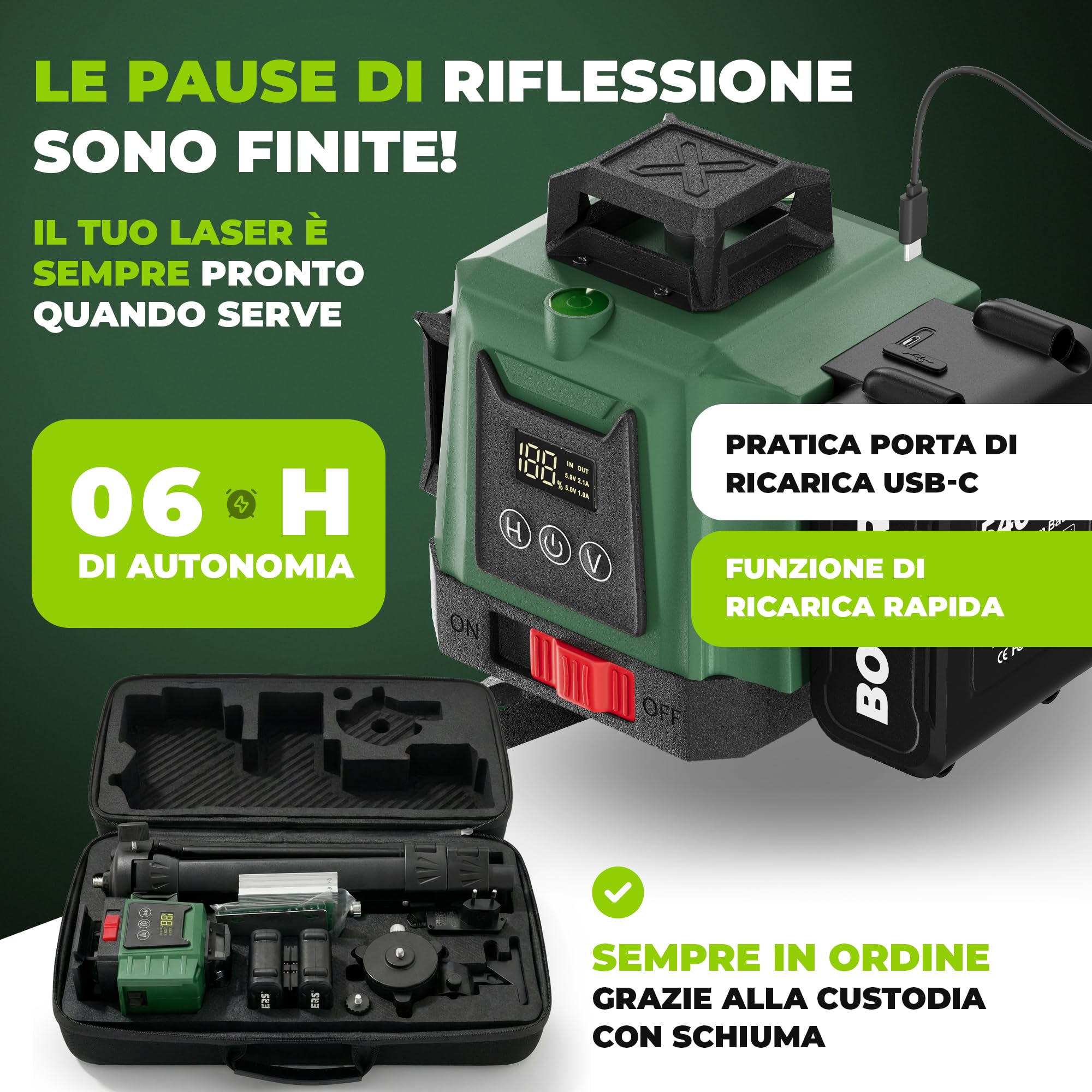 ProLaser 4x360° Livella Laser a Croce con Treppiede - Laser Verde Autolivellante, Livella Laser Edilizia, 16 Linee, 2 Batterie, Custodia & Accessori per Piastrelle, Pareti & Installazione