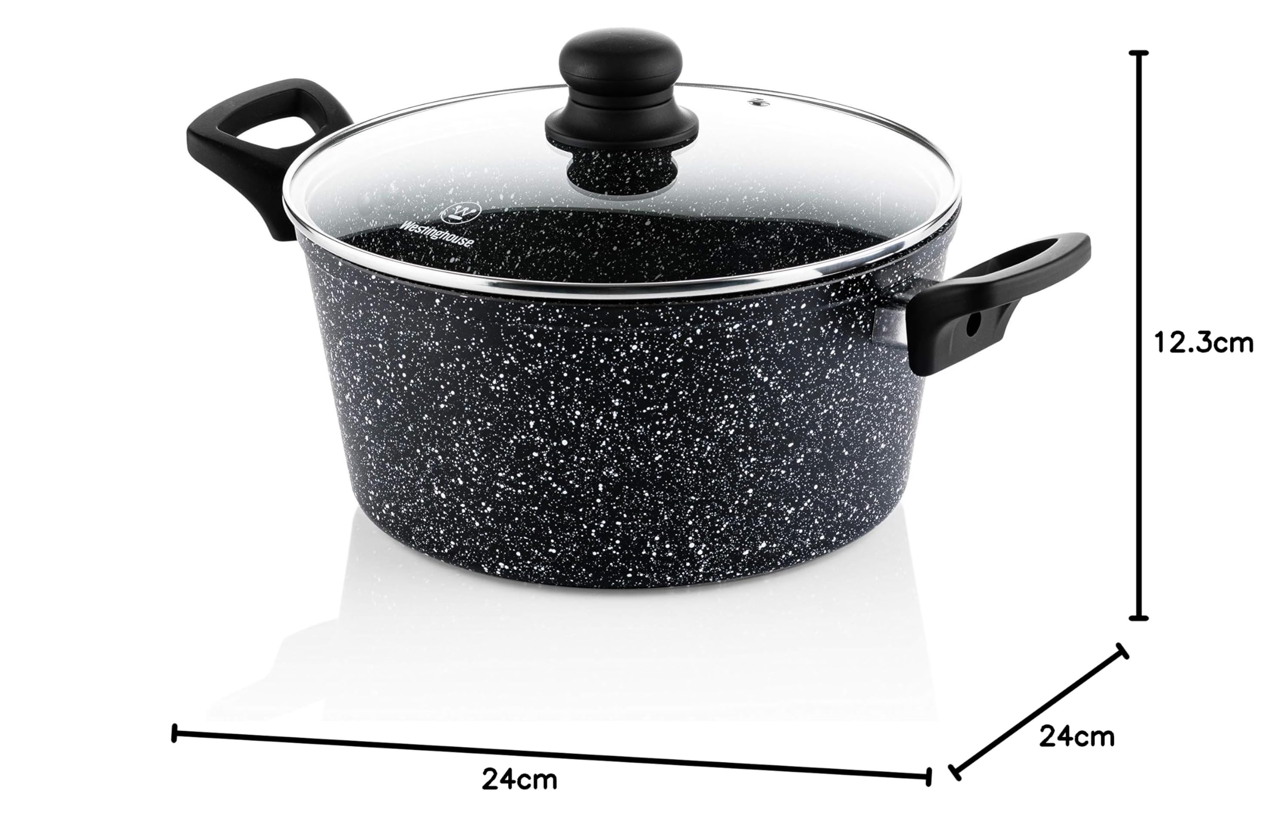Westinghouse Pentola da 24 cm con coperchio in vetro, rivestimento antiaderente in marmo a 3 strati, in alluminio forgiato, adatta a induzione, manico con rivestimento in silicone, nero